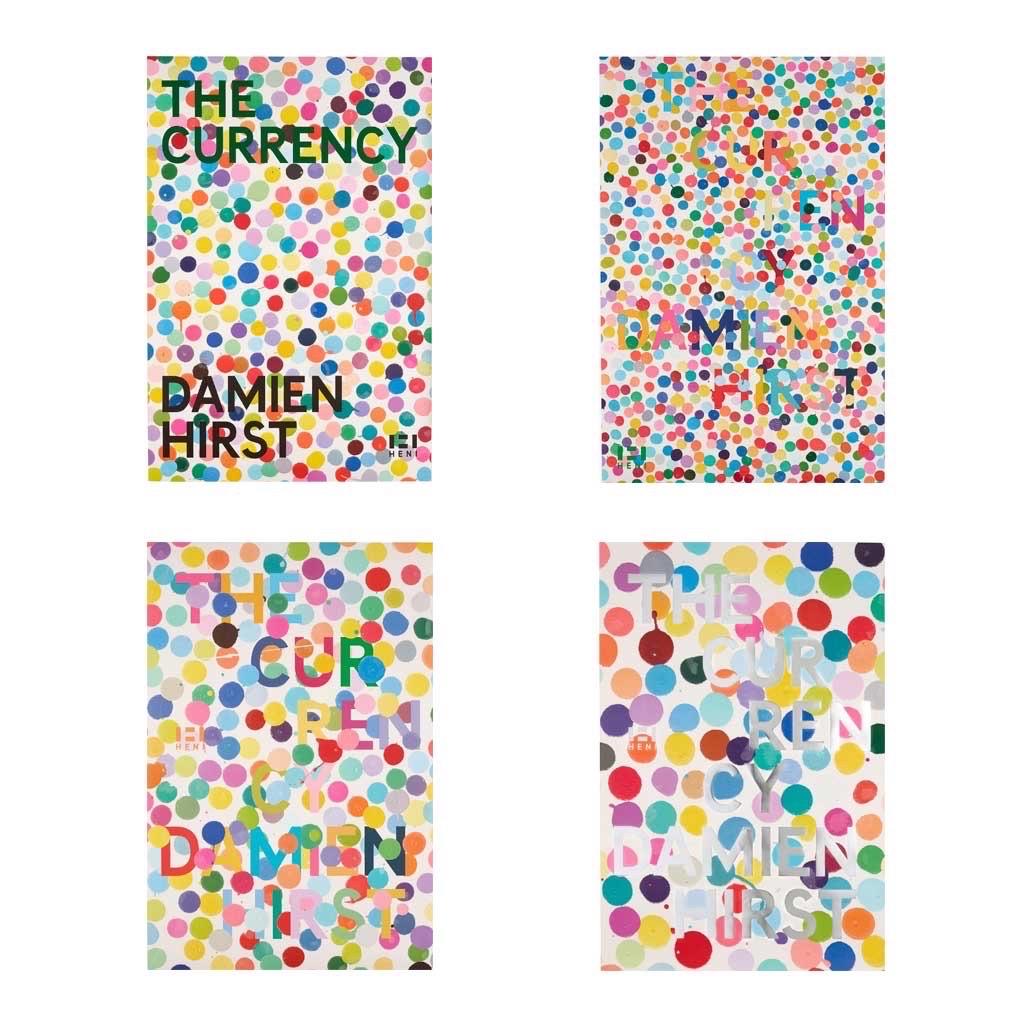 Damien Hirst
The Currency set of 4 (Yellow, Pink, Purple & Blue), 2022

Offset lithograph on thick semi-gloss poster paper of Damien Hirst's Currency project currently on display at Newport Street Gallery.
4 x 35 × 23 2/5 in (88.9 × 59.4 cm)
