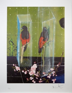 Damien Hirst, Two Parrots, Lithograph, 2012; birds, still life, print, green