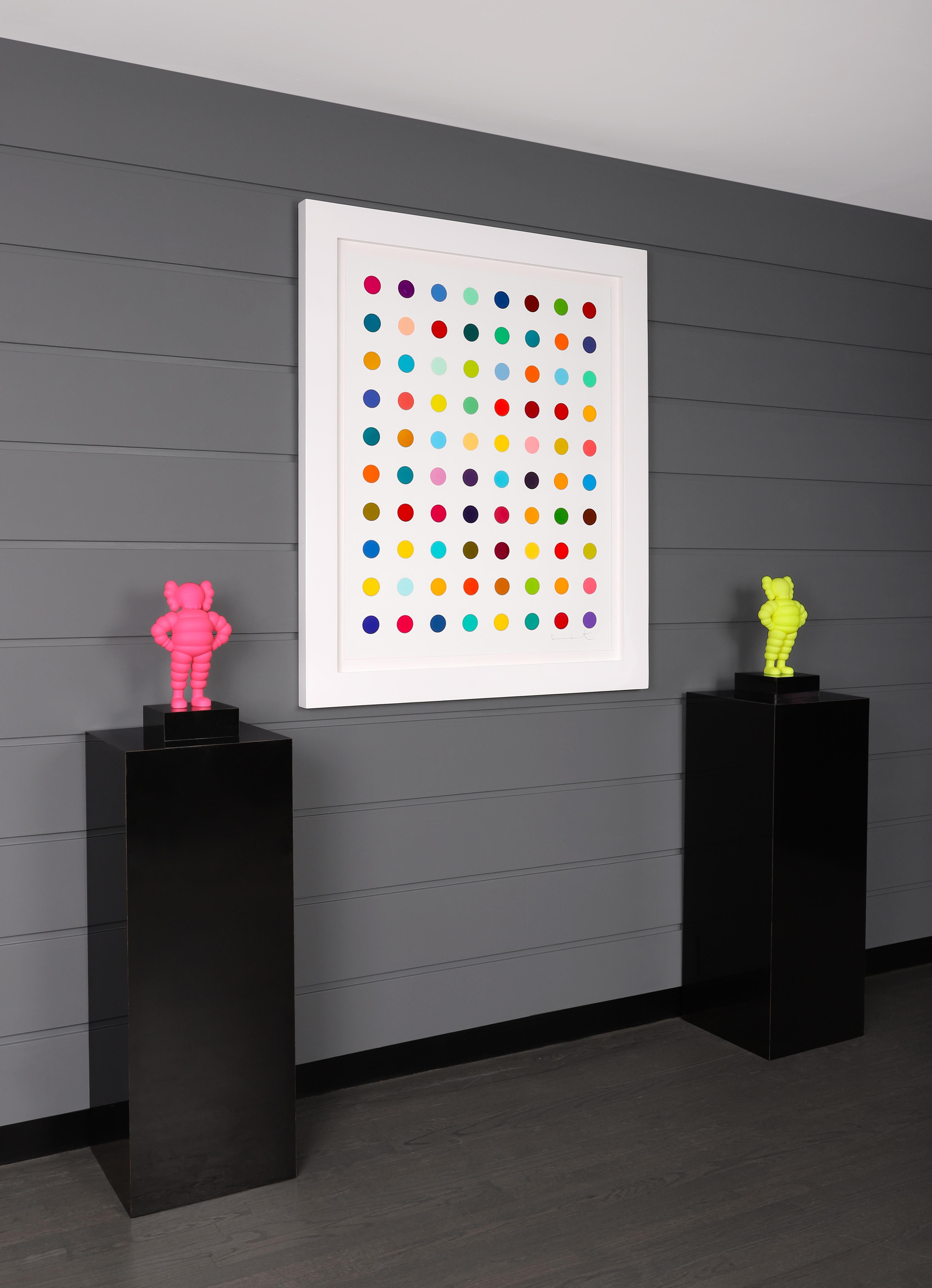 The minimalist's dream, the large-scale iconic contemporary pop art Gly-Gly-Ala, with multi-color dots by Damien Hirst is one of fifty-five limited edition woodcut prints on Somerset paper, created in 2016. The quintessential bright color palette of