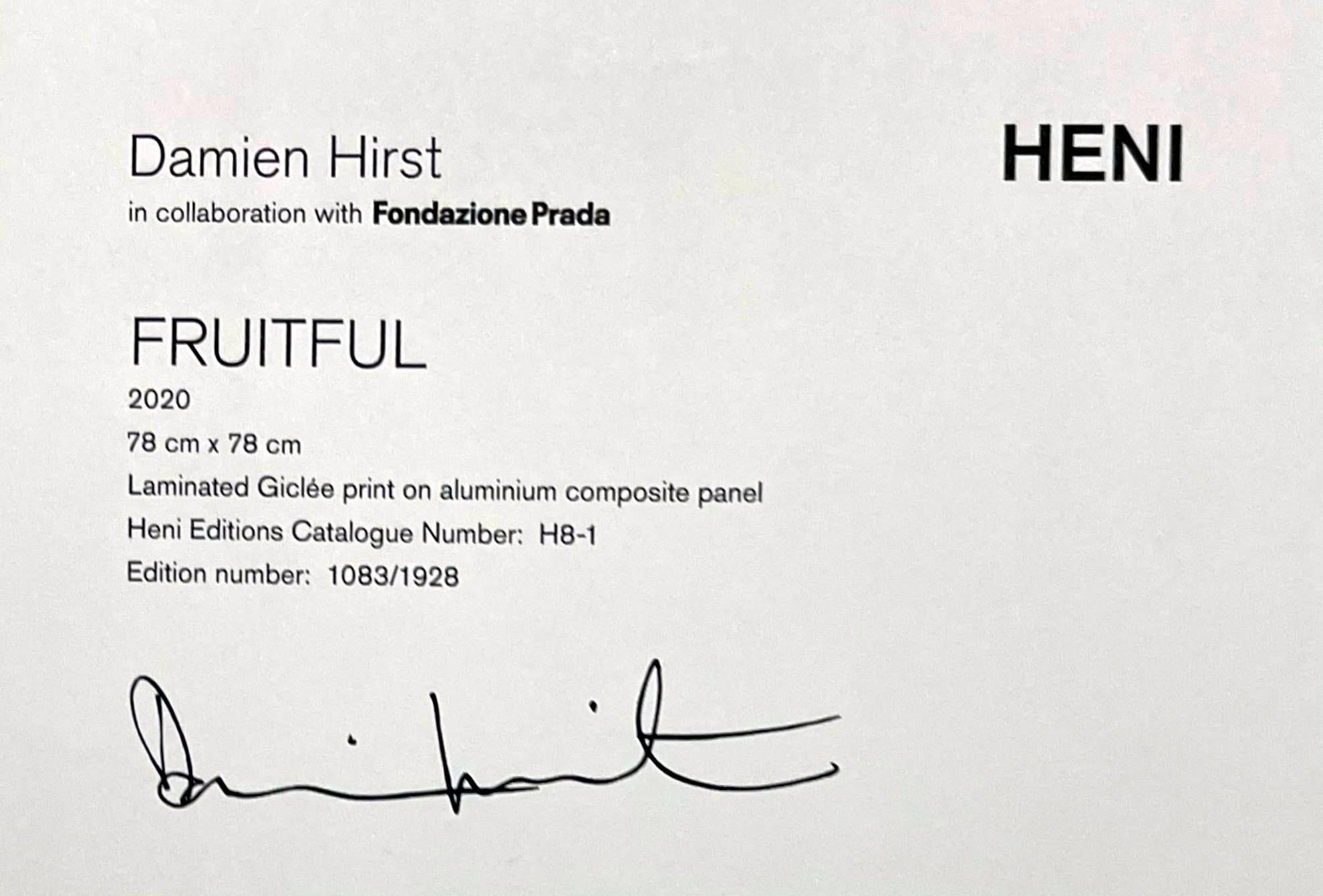 Damien Hirst
Fruchtbar (groß) H8-1, 2020
Laminierter Giclée-Druck auf Aluminiumverbundplatte
Signiert in der Platte, Aufkleber-Etikett, Label mit Damien Hirsts (digitaler) Plattensignatur und Editionsnummer, die auf der Rückseite des Metalls