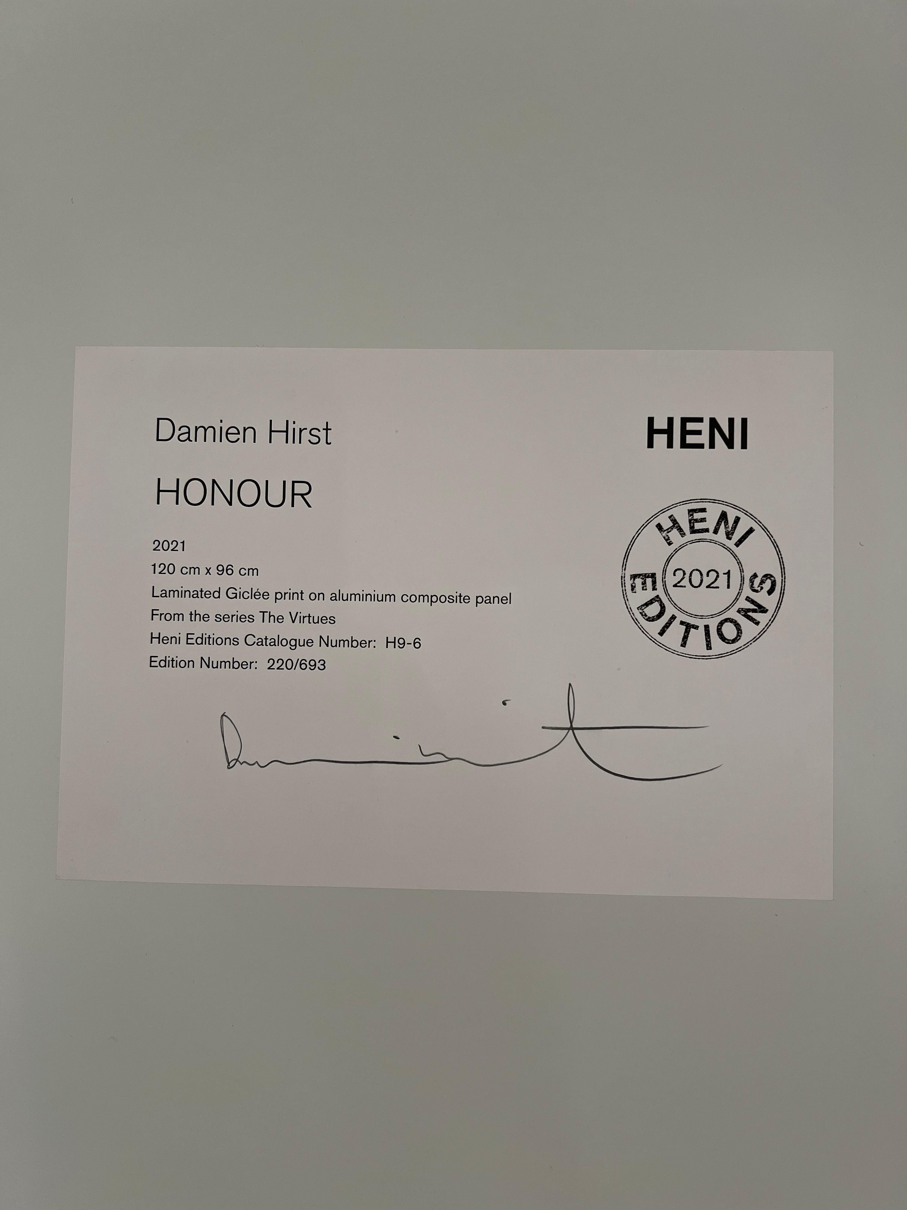 Damien Hirst (b. 1965) Honour from The Virtues (H9-6), laminated giclee print in colours, 2021, on aluminium panel, signed in pencil on the publisher's label affixed verso, stamp-numbered 220/693, published by Heni Editions, London, in brilliant,