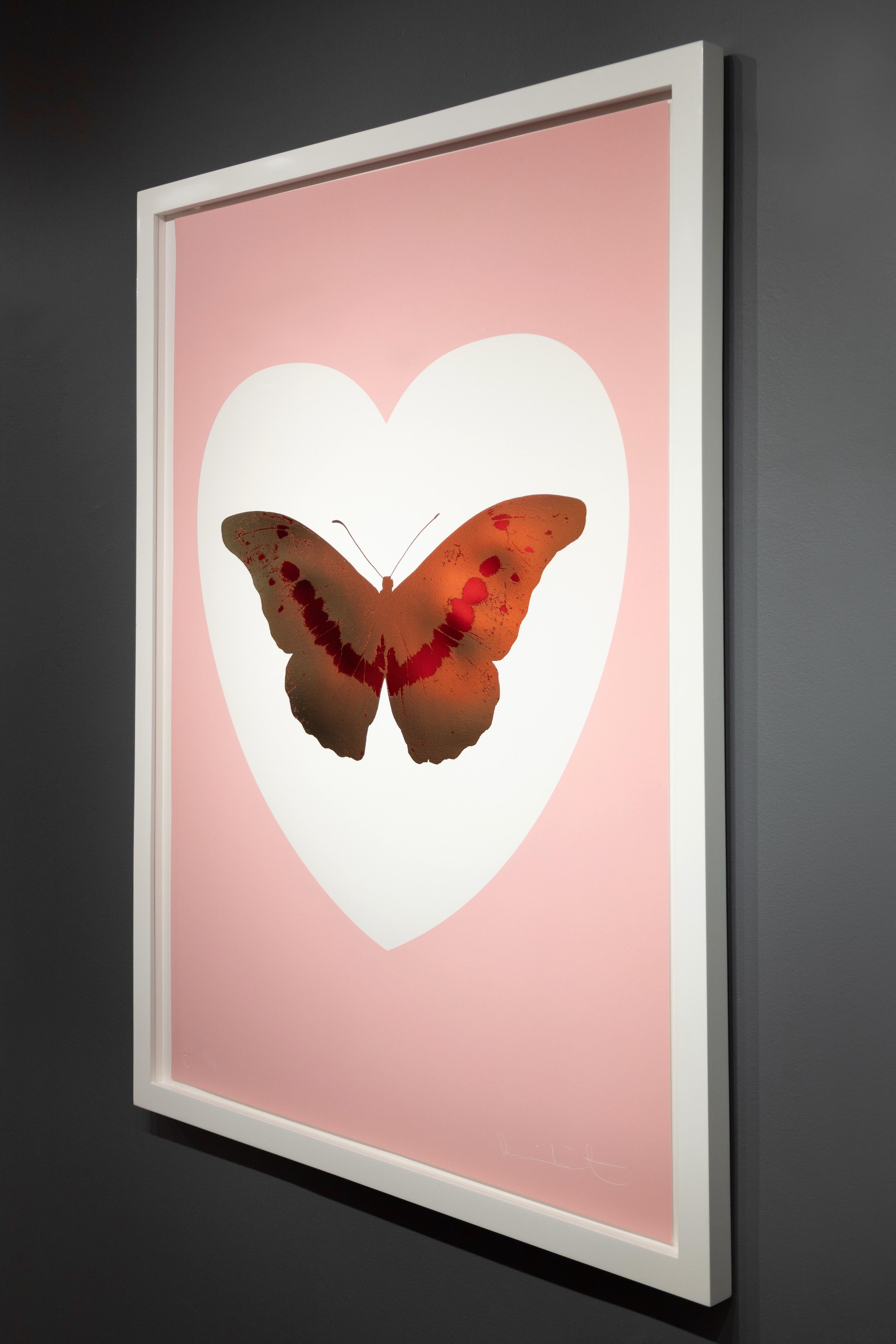 The luxury pop-art 'I Love You' millennial pink and gold foil block butterfly was created in 2015, as one of fourteen in the limited edition release of iconic silkscreen prints in honor of Valentine's Day. Damien Hirst’s trademark butterfly motif is