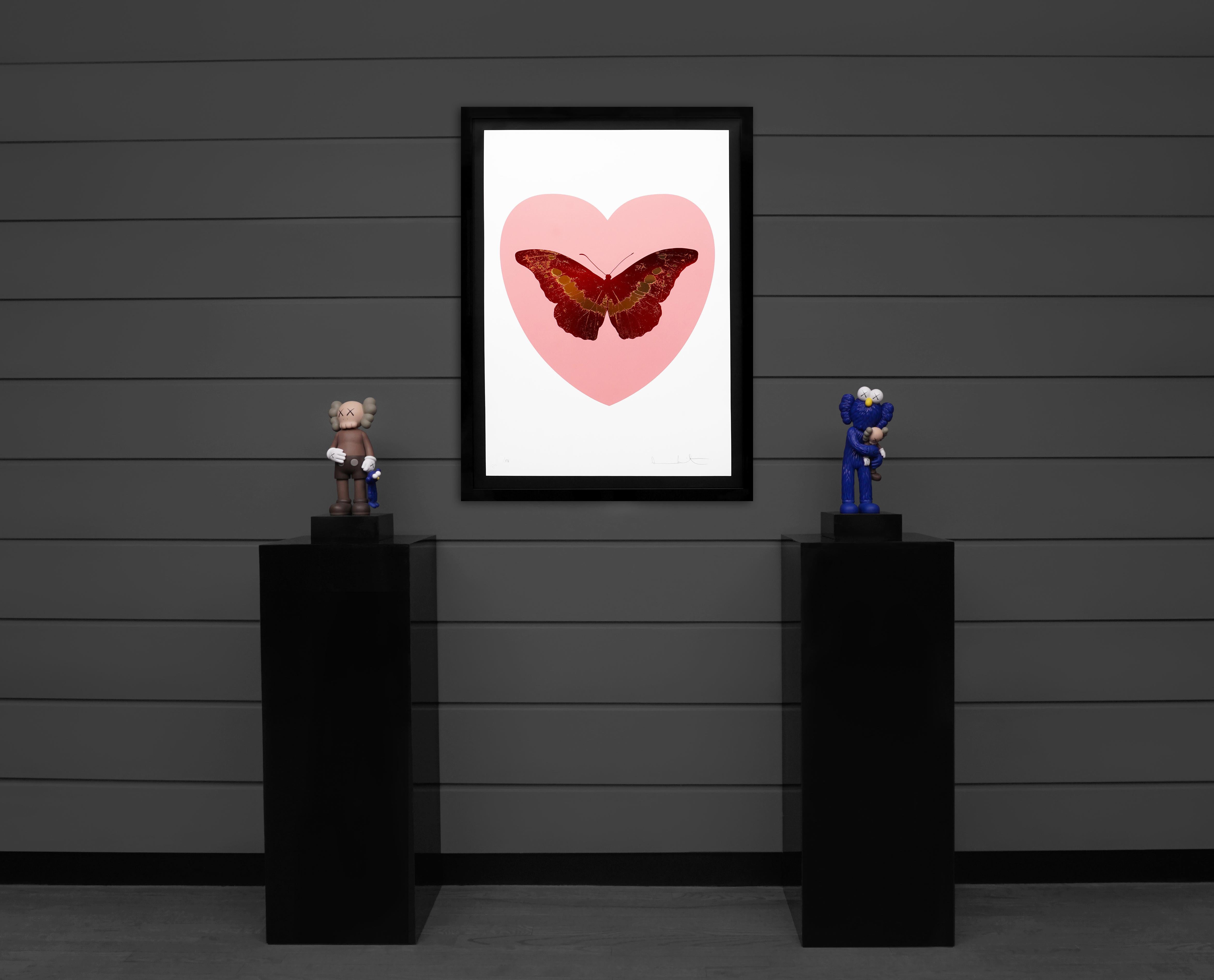 The luxury pop-art 'I Love You' millennial pink and gold foil block butterfly was created in 2015, as one of fourteen in the limited edition release of iconic silkscreen prints in honor of Valentine's Day. Damien Hirst’s trademark butterfly motif is