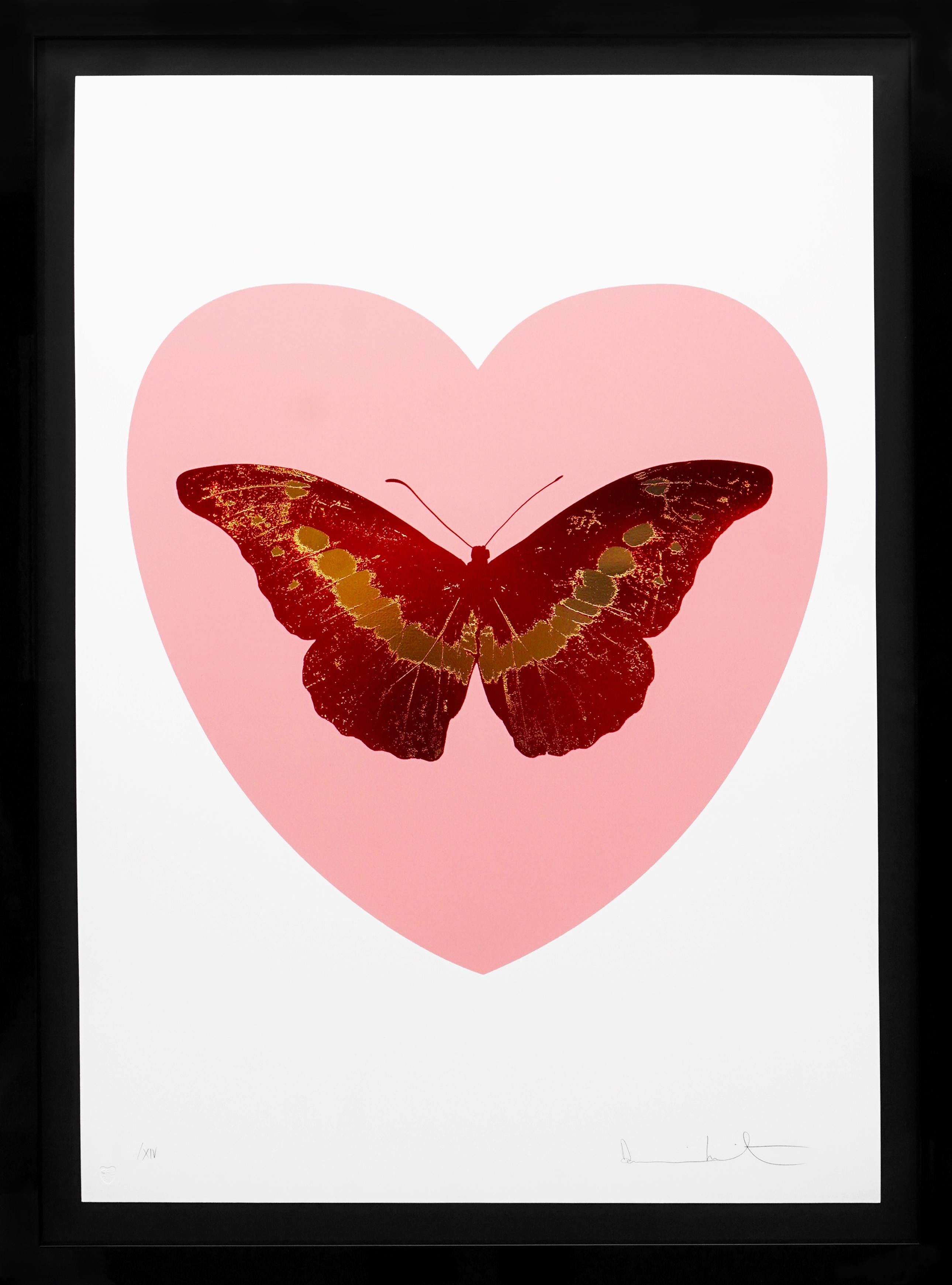 Damien Hirst Animal Print - 'I Love You' Pink Heart, Red/Gold Foil Block Butterfly, 2015