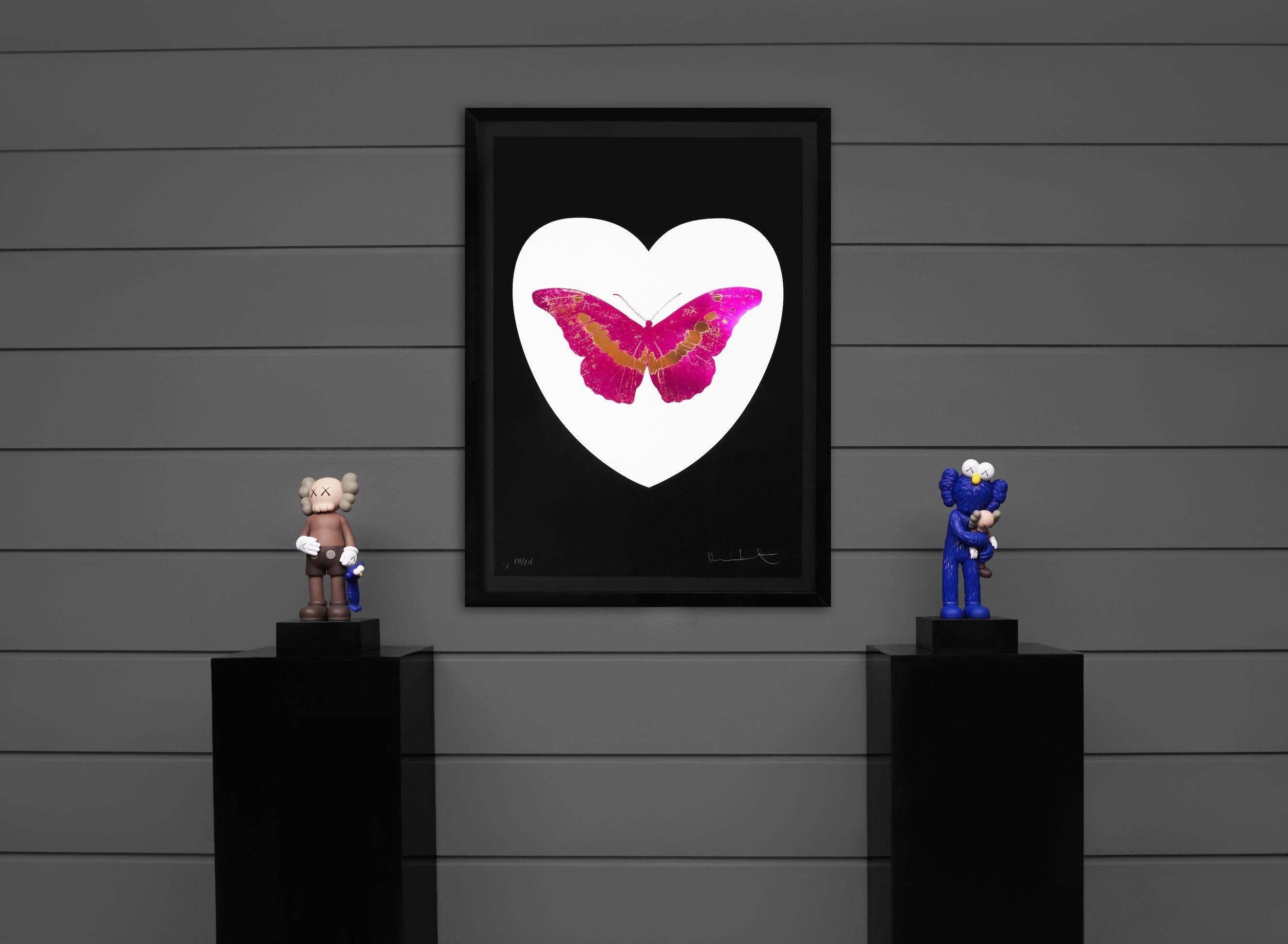 'I Love You' White Heart, Fuchsia/Gold Foil Block Butterfly, 2015 - Print by Damien Hirst
