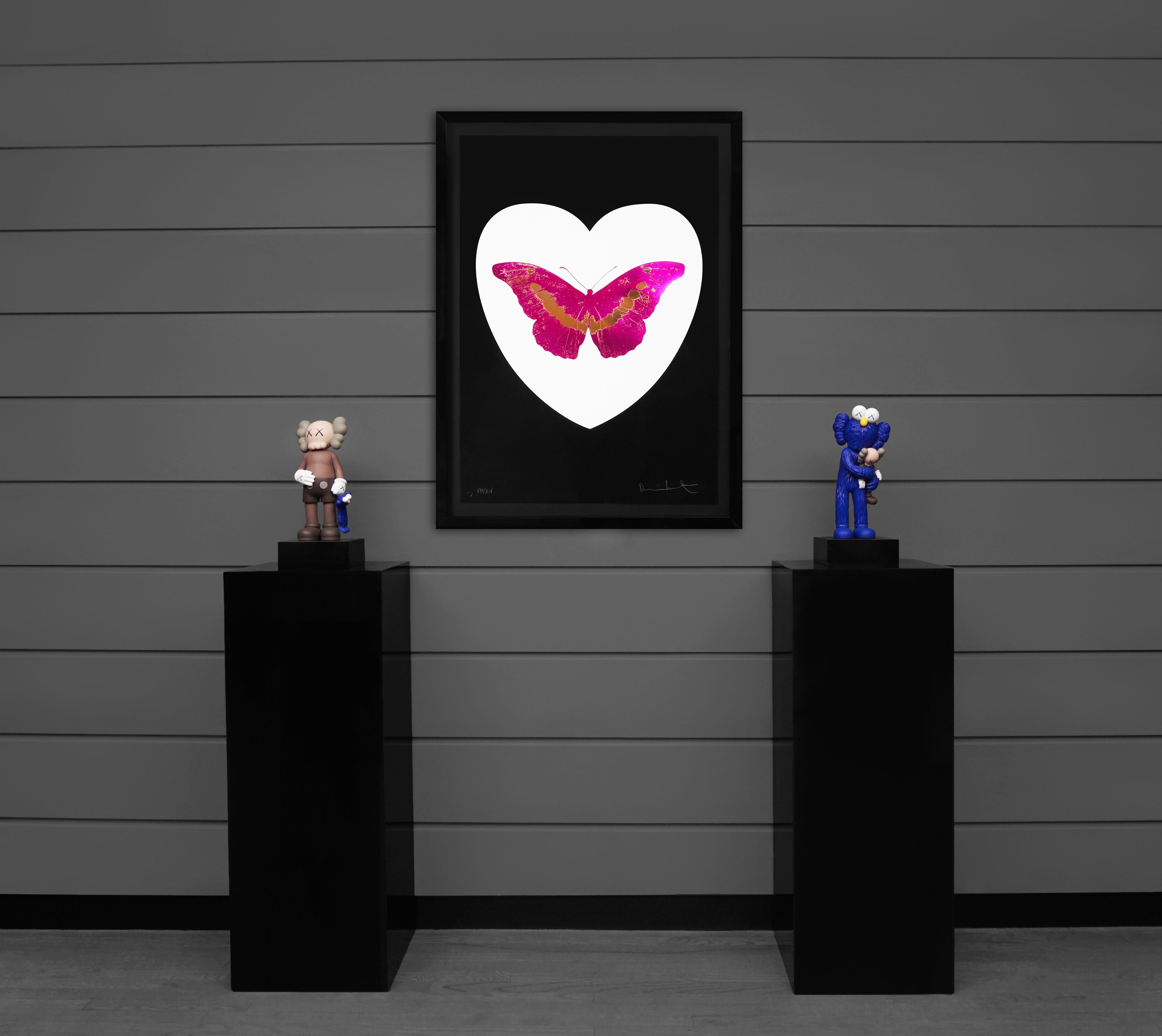 The luxurious 'I Love You' fuchsia and gold foil block butterfly was created in 2015, one of fourteen in the limited edition release of iconic silkscreen prints in honor of Valentine's Day. Damien Hirst’s trademark butterfly motif is intended to