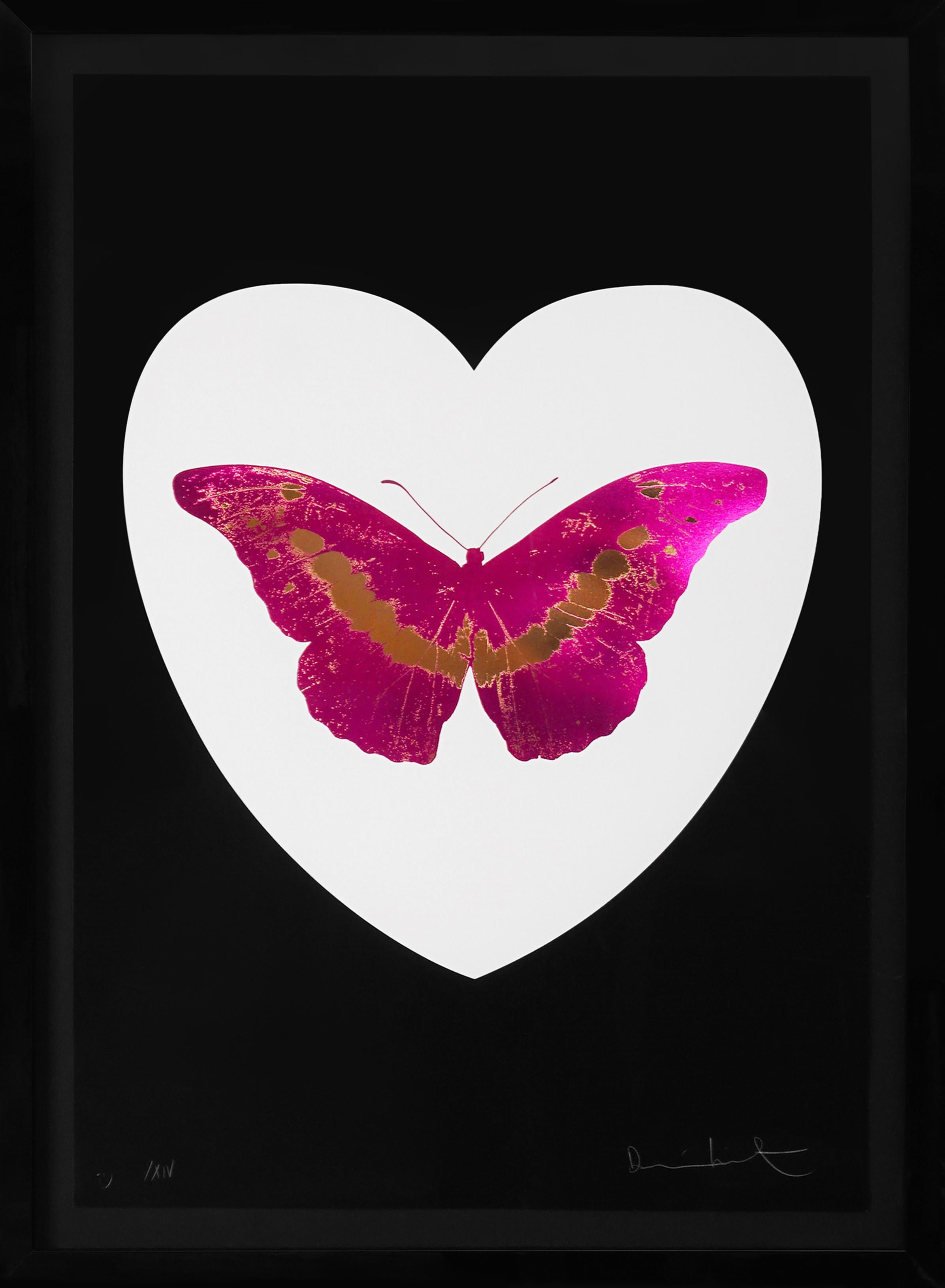 Damien Hirst Animal Print - 'I Love You' White Heart, Fuchsia/Gold Foil Block Butterfly, 2015