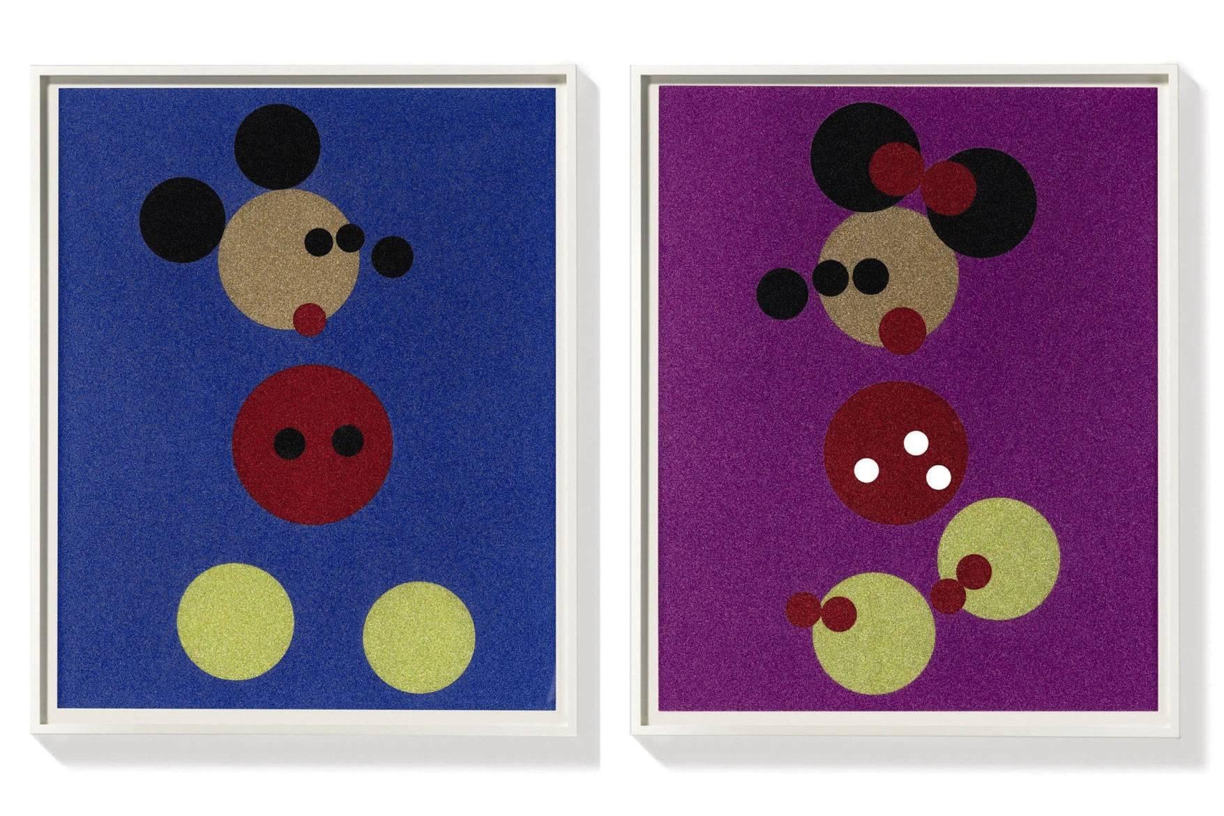 Damien Hirst Figurative Print - Mickey (Blue Glitter) Large & Minnie (Pink Glitter) Large.  Pair, 2 artworks