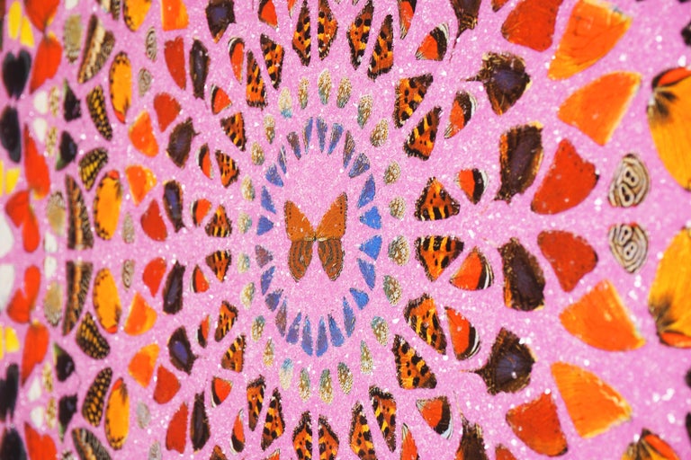 The glittering pink 'Cathedral Print, Palais des Papes' kaleidoscope butterfly wing mandala with diamond dust by contemporary master artist, Damien Hirst, was created in 2007. The large-scale shimmering artwork is a silkscreen print with layers of