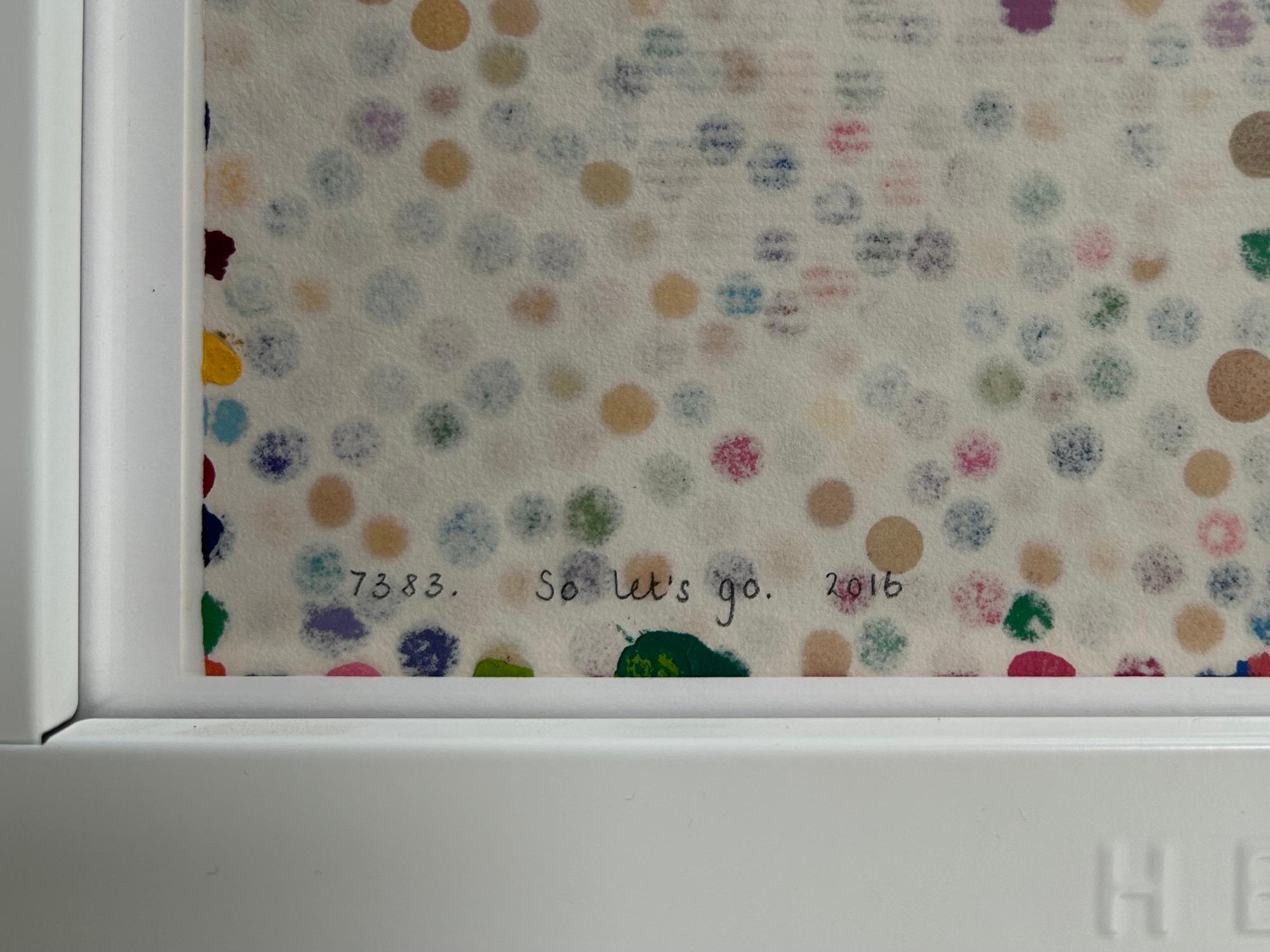 Damien Hirst, The Currency 7383. so let’s go, 2016 (With original HENI Frame)

Enamel paint, handmade paper, watermark, microdot, hologram, pencil

20 x 30 cm 

Hand-signed on the reverse 

The Currency, launched in July 2021, is a collection of