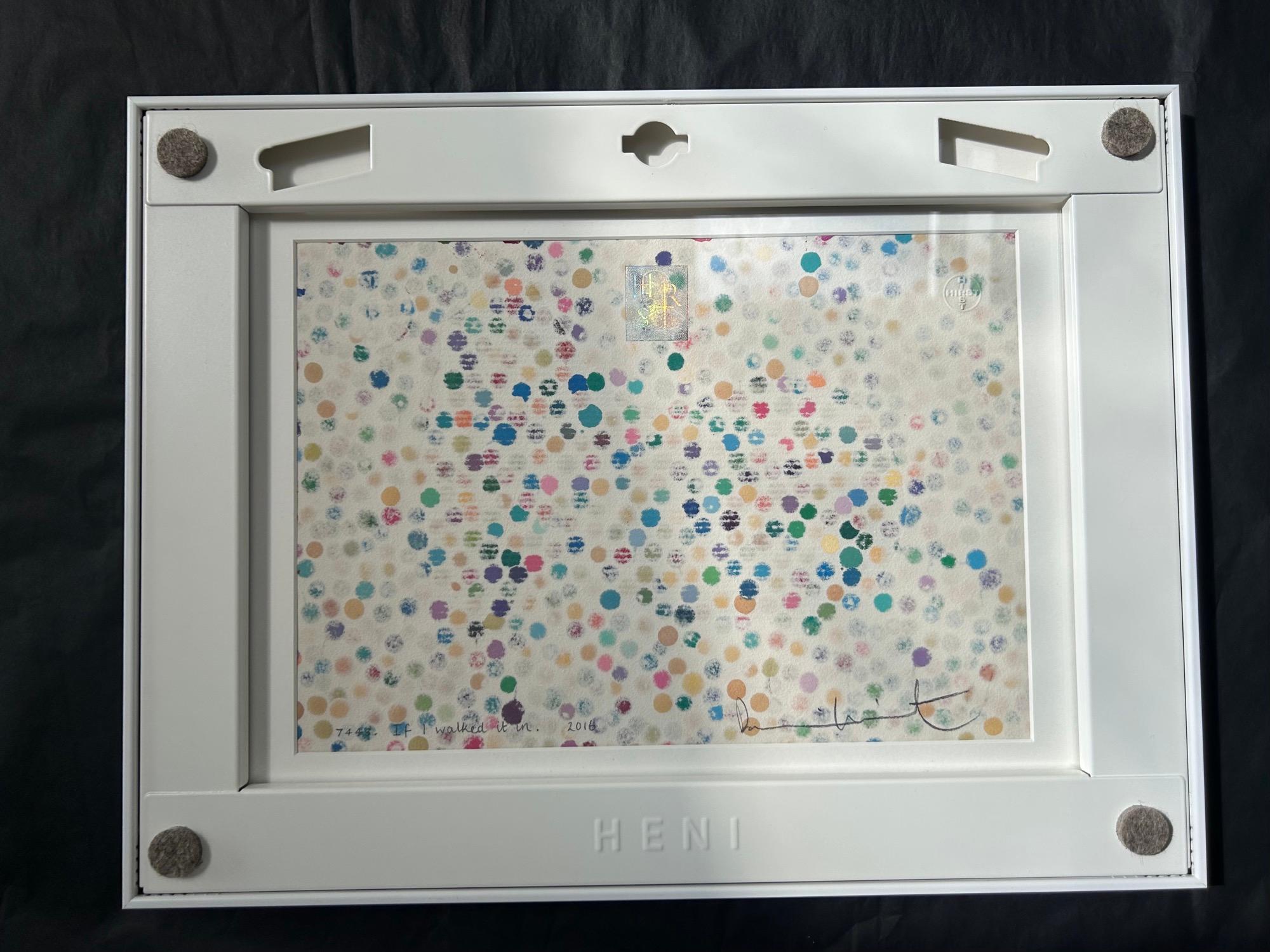 Damien Hirst, The Currency 7443. If I walked it in (With original HENI Frame)

Enamel paint, handmade paper, watermark, microdot, hologram, pencil

20 x 30 cm 

Hand-signed on the reverse 

The Currency, launched in July 2021, is a collection of