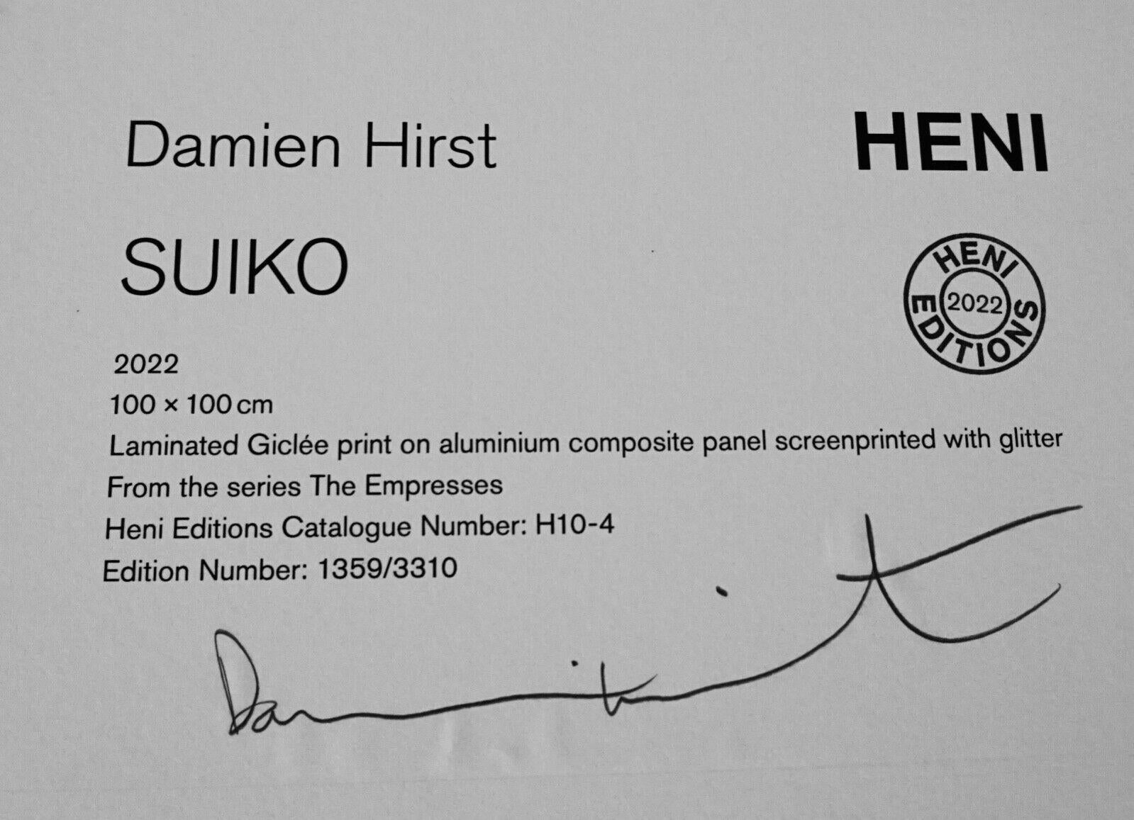 Artist: Damien Hirst
Title: The Empresses Suiko H10-4
Medium:  Laminated Giclee print on aluminum composite, screen printed with glitter

Signed: Hand Signed and numbered on the label on the verso

Measurements: 39.37