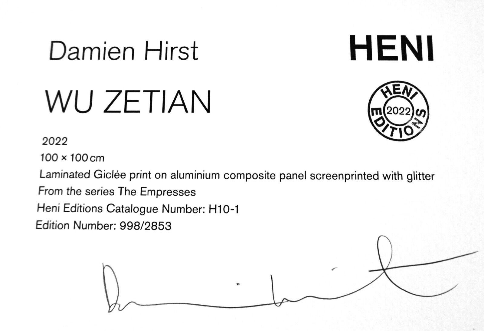 Artist: Damien Hirst
Title: The Empresses Wu Zetian H10-1
Medium:  Laminated Giclee print on aluminum composite, screen printed with glitter

Signed: Hand Signed and numbered on the label on the verso

Measurements: 39.37