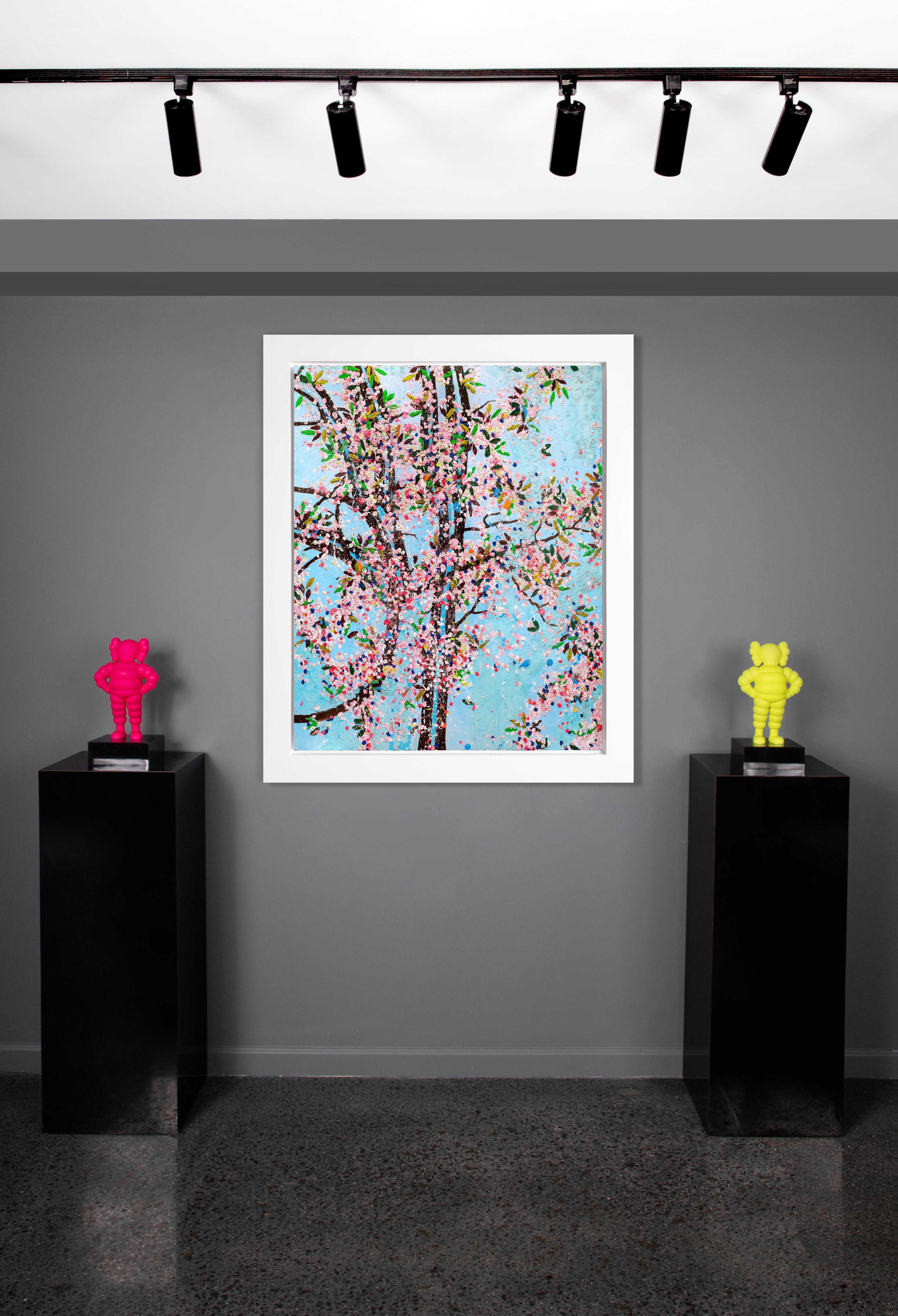 The contemporary pop art cherry blossom landscape ‘Courage' is one of the eight from the iconic ‘Virtues’ series by Damien Hirst, the laminated giclée print on aluminum panel was created in 2021 as a reflection of his latest exploration as a master