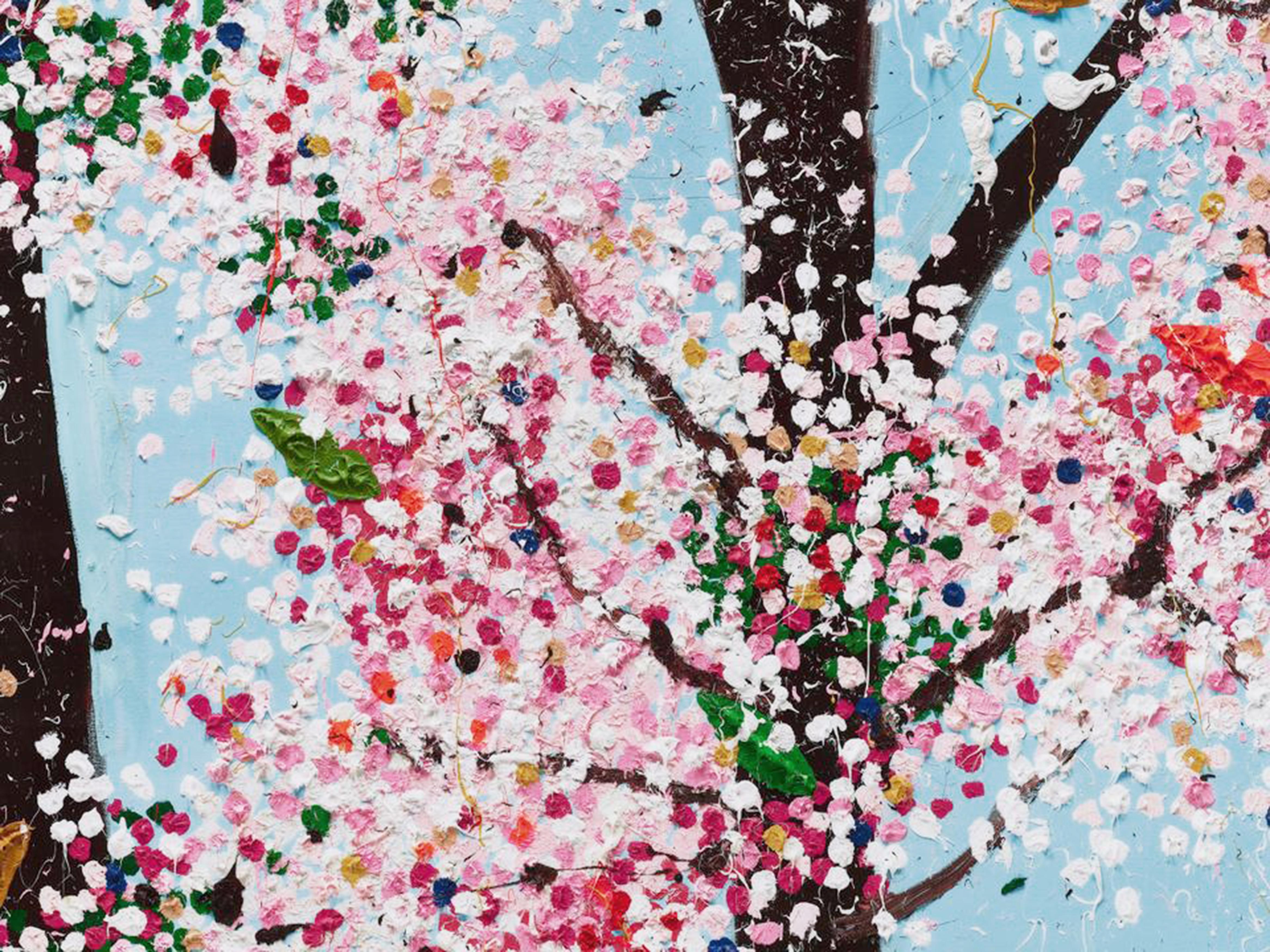 The contemporary pop art cherry blossom ‘Honesty' is one of the eight from the iconic ‘Virtues’ series by Damien Hirst, the laminated giclée print on aluminum panel was created in 2021 as a reflection of his latest exploration as a master