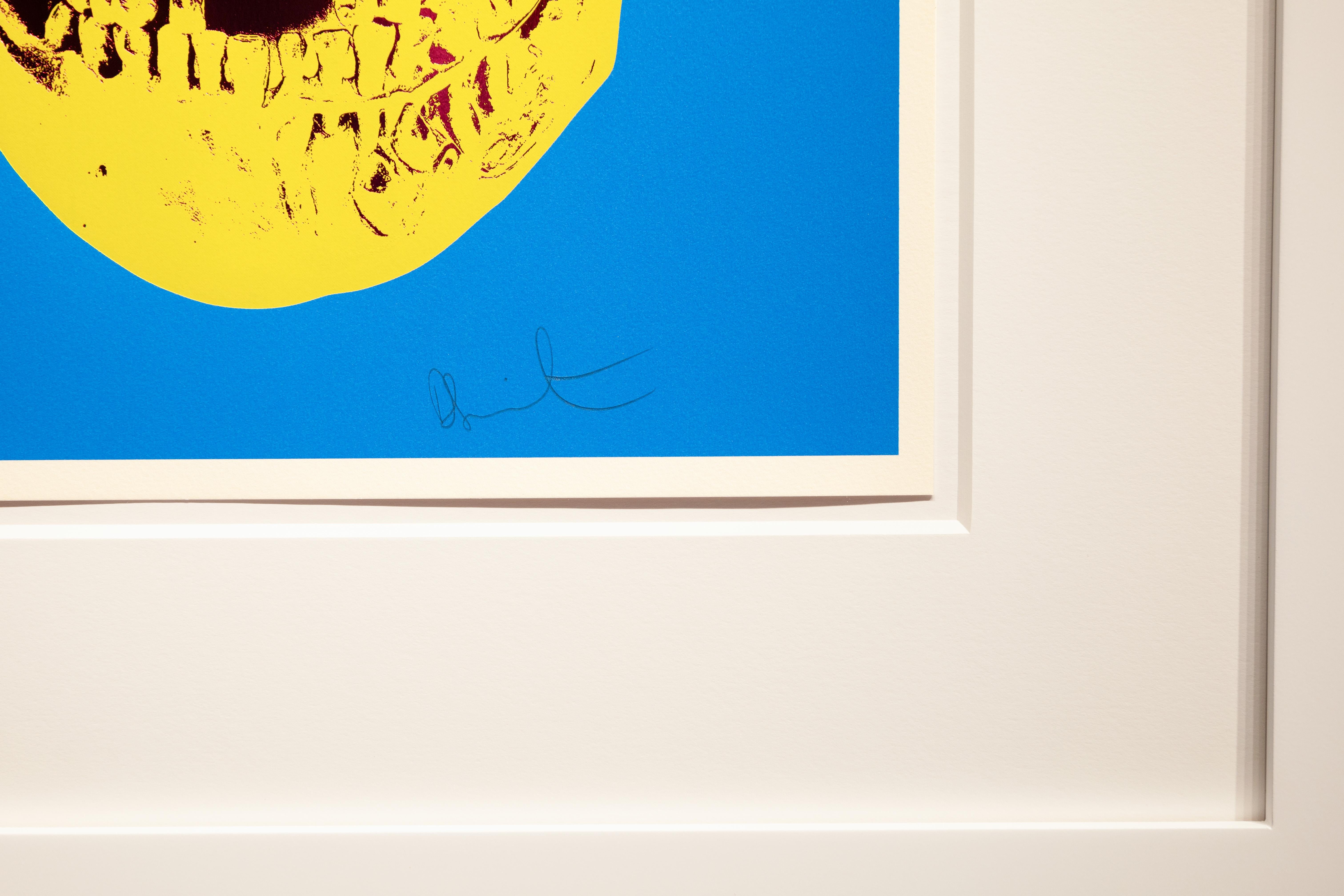 Till Death Do Us Part (cerulean blue pigment, yellow, royal red) is a striking screen print from Damien Hirst’s 2012 Till Death Do Us Part series. In this vivid artwork, Hirst presents a flattened, frontal image of a skull, staring directly outward