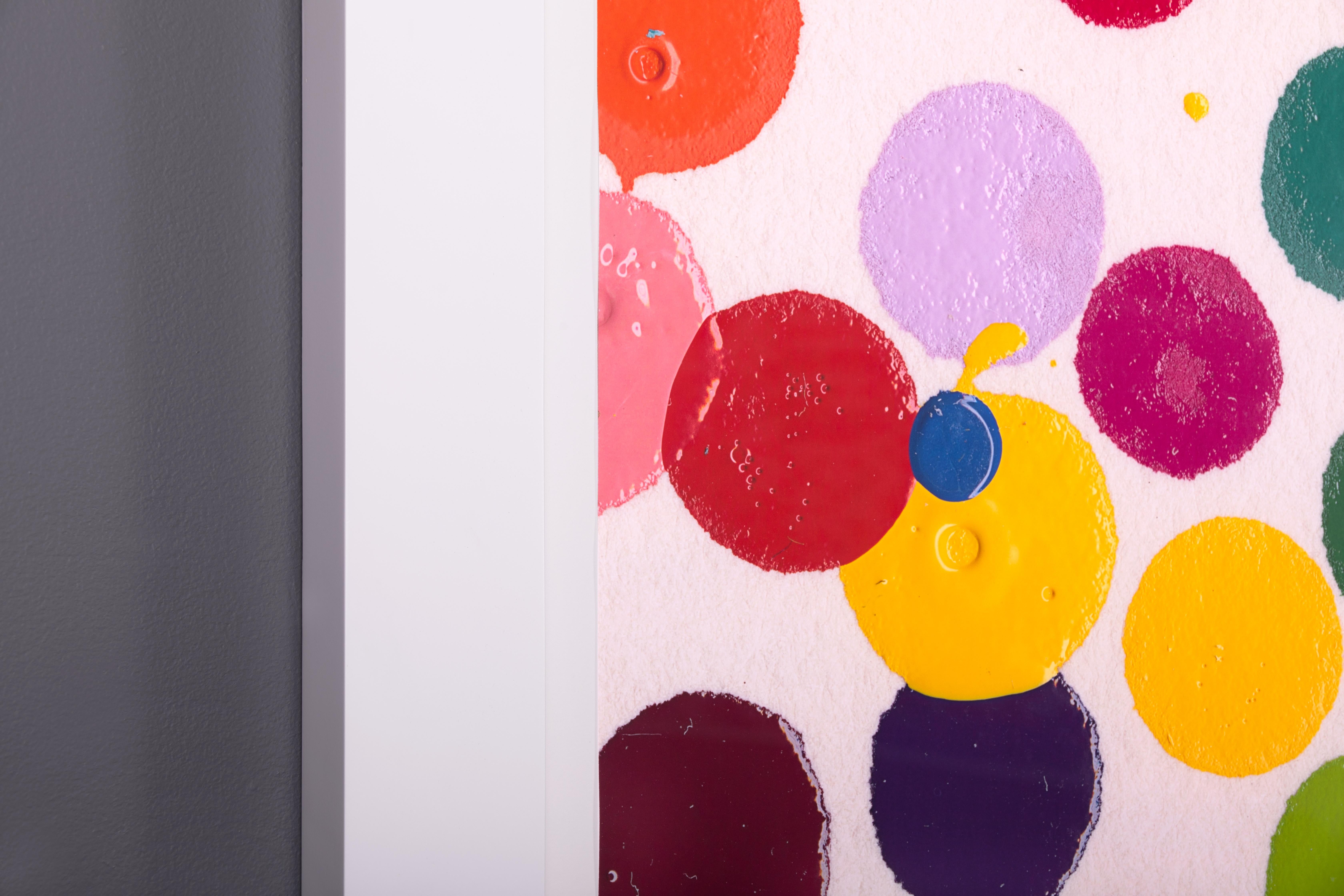 This large-scale iconic contemporary pop art 'Unique Spots' is a multi-color monoprint by Damien Hirst is the only one of its kind printed. The quintessential bright color palette of unique hues have made the 'Spot Series' an international