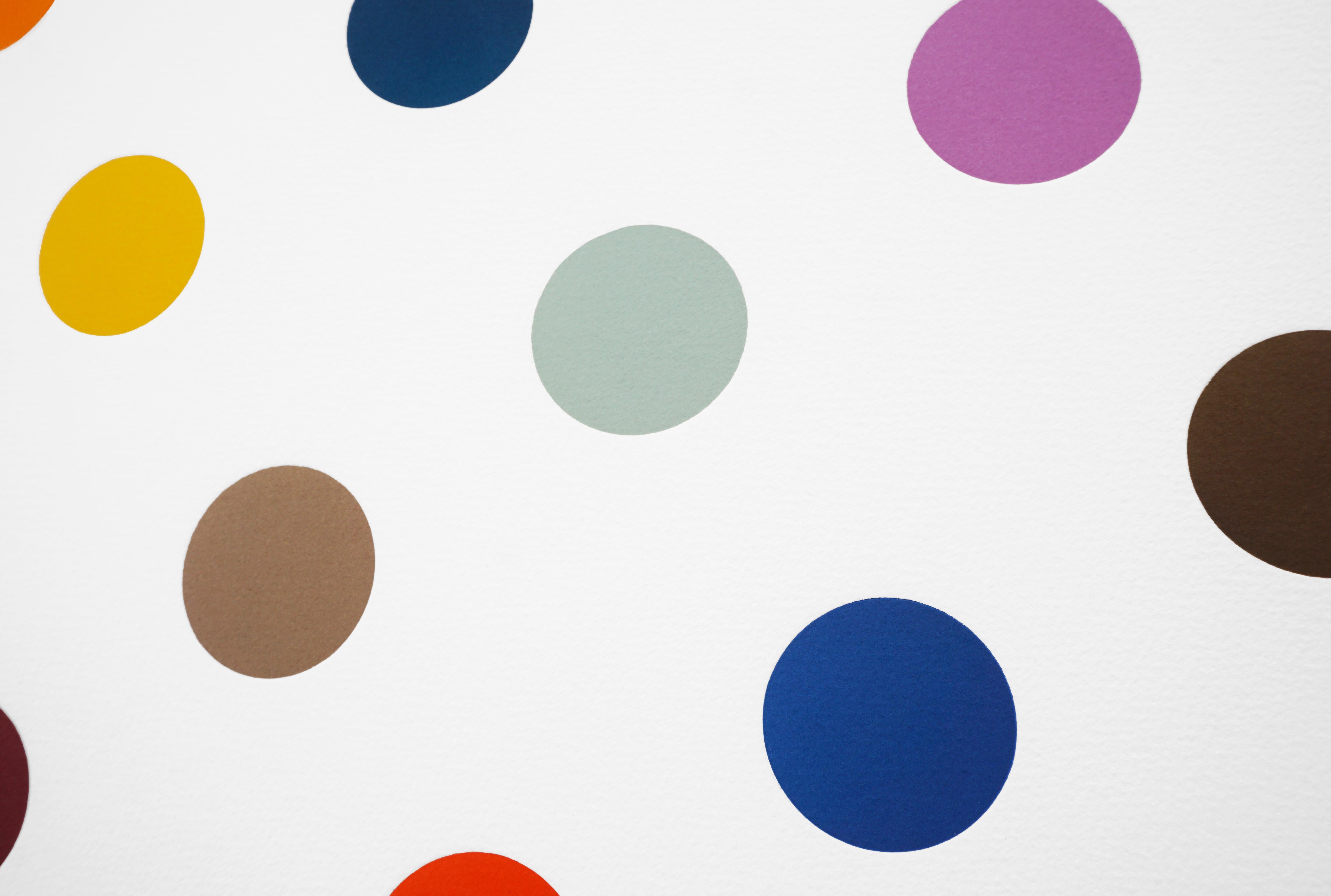 The large scale pop-art Vertical 'Spots' I is an archival woodcut print on paper of the iconic multi-color 'Spots Series' by Damien Hirst, created in 2018. This minimalist aesthetic blue chip artwork has a vivid candy-color palette formed with