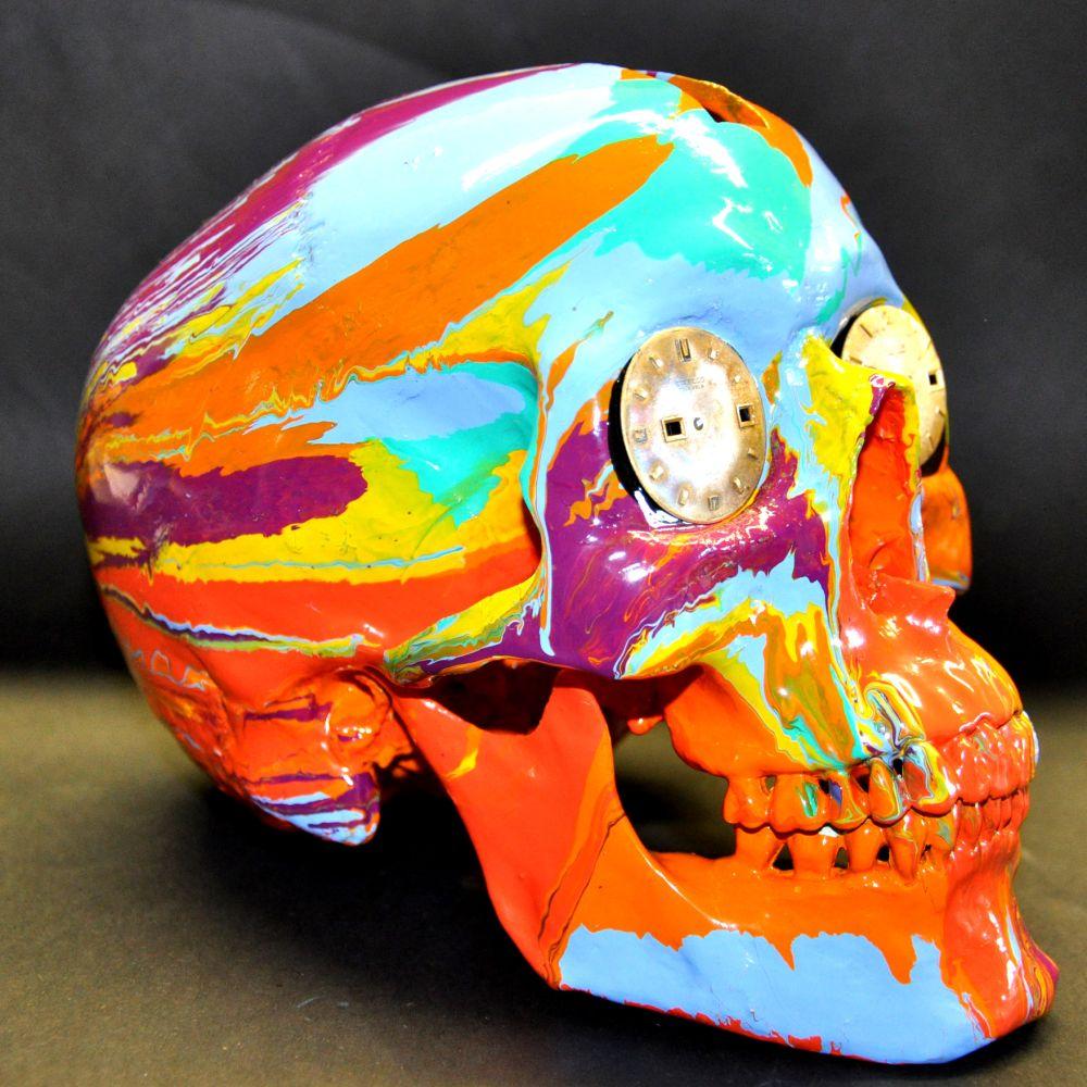 Damien Hirst, The Hours Spin Skull
2009
Sculpture (Glosspaint on plastic)
19 × 12.5 × 19.5 cm
(7.5 × 4.9 × 7.7 in)
Titled, not signed
In excellent condition. 
Please note: the color pattern of this edition is different for each piece and therefore,