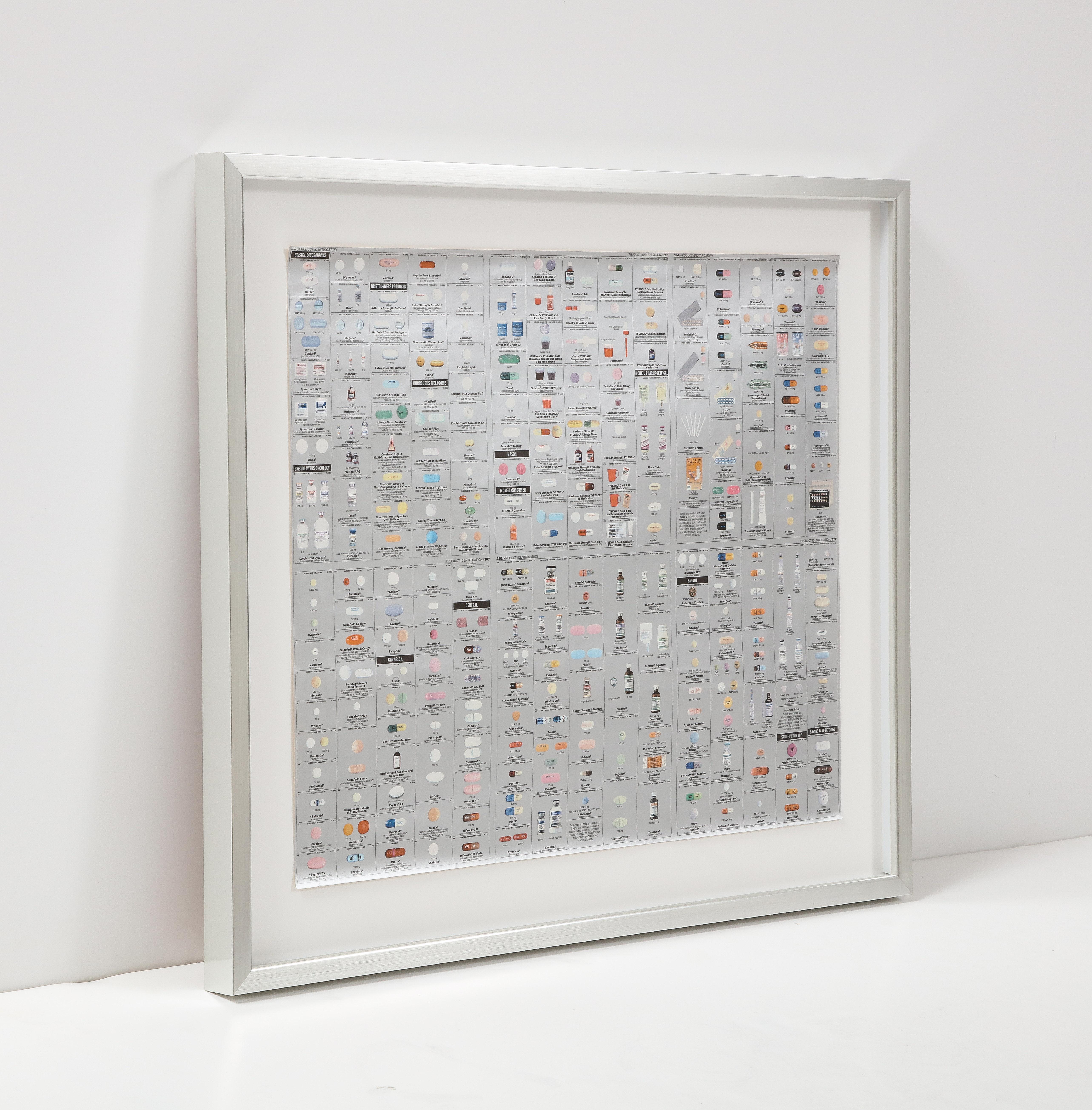 Damien Hirst wallpaper fragment from the famed Pharmacy restaurant in London. Fragment shows variuos pills and bottles all printed on silver metallic paper. This fragment shows the original design - pills depicting the actual names. Later Hirst