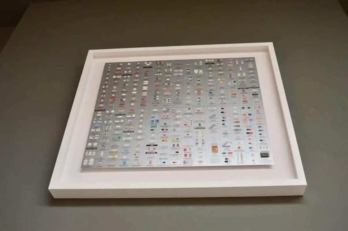 Pharmacy themed wallpaper by Damien Hirst. Wallpaper depicts pills, pill bottles and prescription names. Perfect vintage condition. Newly framed and matted in white with glass. Bronze and silver panels available. Priced individually. 

Actual