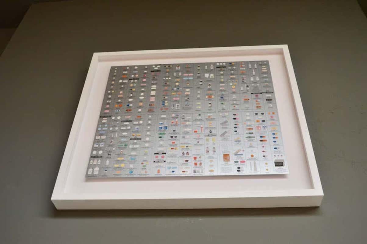 Pharmacy themed wallpaper by Damien Hirst. Wallpaper depicts pills, pill bottles and medicines. Perfect vintage condition. Bronze and silver panels available. Priced individually. Sold unframed. Shipped in a tube for $45 in the US. From the Limited