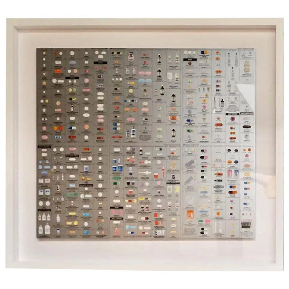 Pharmacy themed wallpaper by Damien Hirst. Wallpaper depicts pills, pill bottles and medicines. Perfect vintage condition. Bronze and silver panels available. Priced individually. Sold unframed. Shipped in a tube for $45 in the US. From the Limited