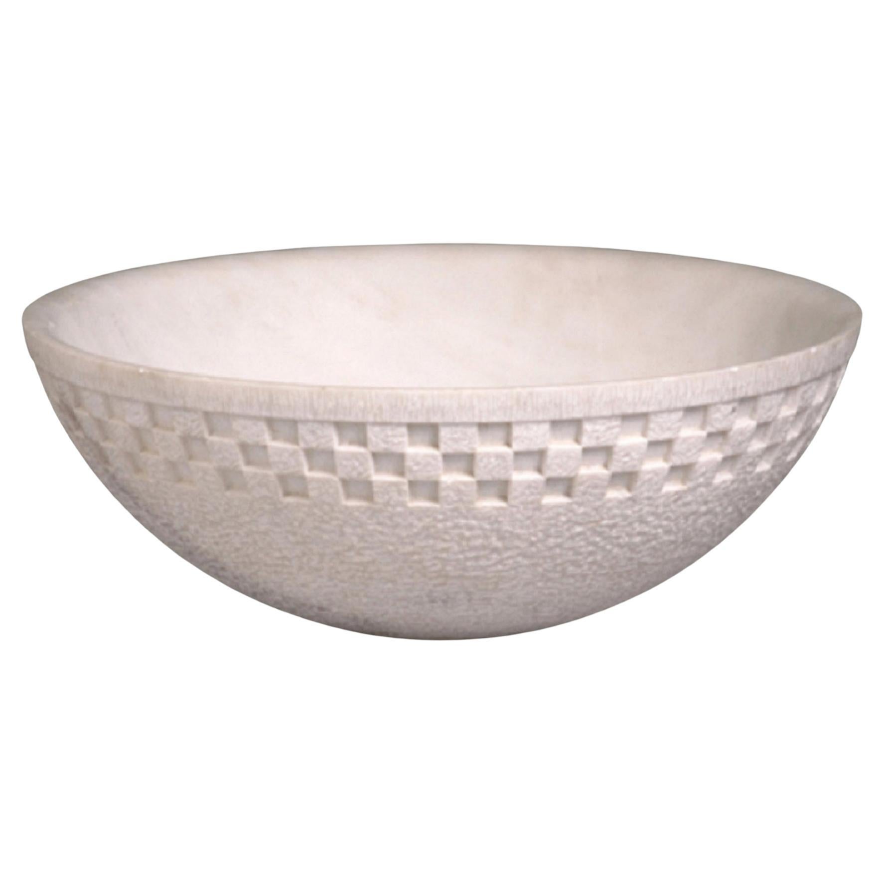 Damier Bowl in White Marble Handcrafted in India by Stephanie Odegard For Sale