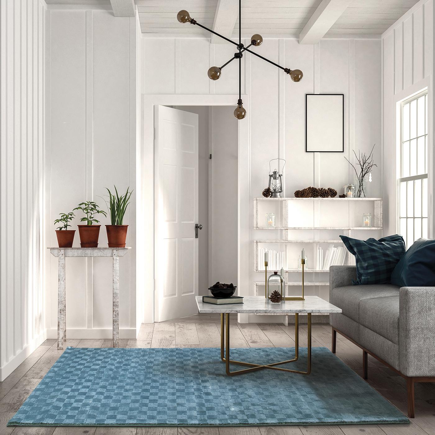 Damier Ocean is a geometric handloom rug that focuses on simplicity. It is enhanced through the use of elegant yarns, the cut and loop technique, and the Ocean color palette, which reflects the trend towards natural colors of the land and sea. Its