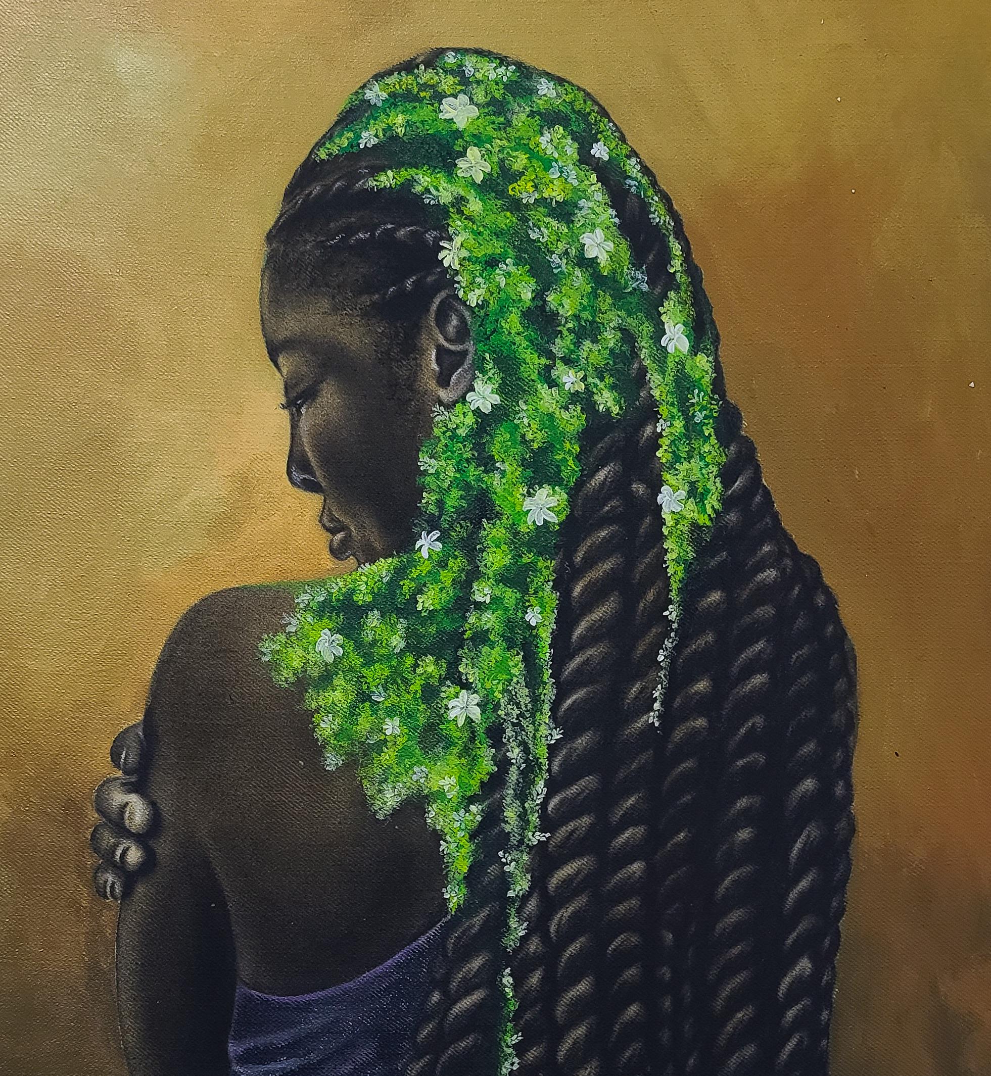 Verdant Soul 2 -21. Jahrhundert, Zeitgenössisch, Figurative Mischtechnik, Afrika Frauen (Schwarz), Portrait Painting, von Damilola Olusegun