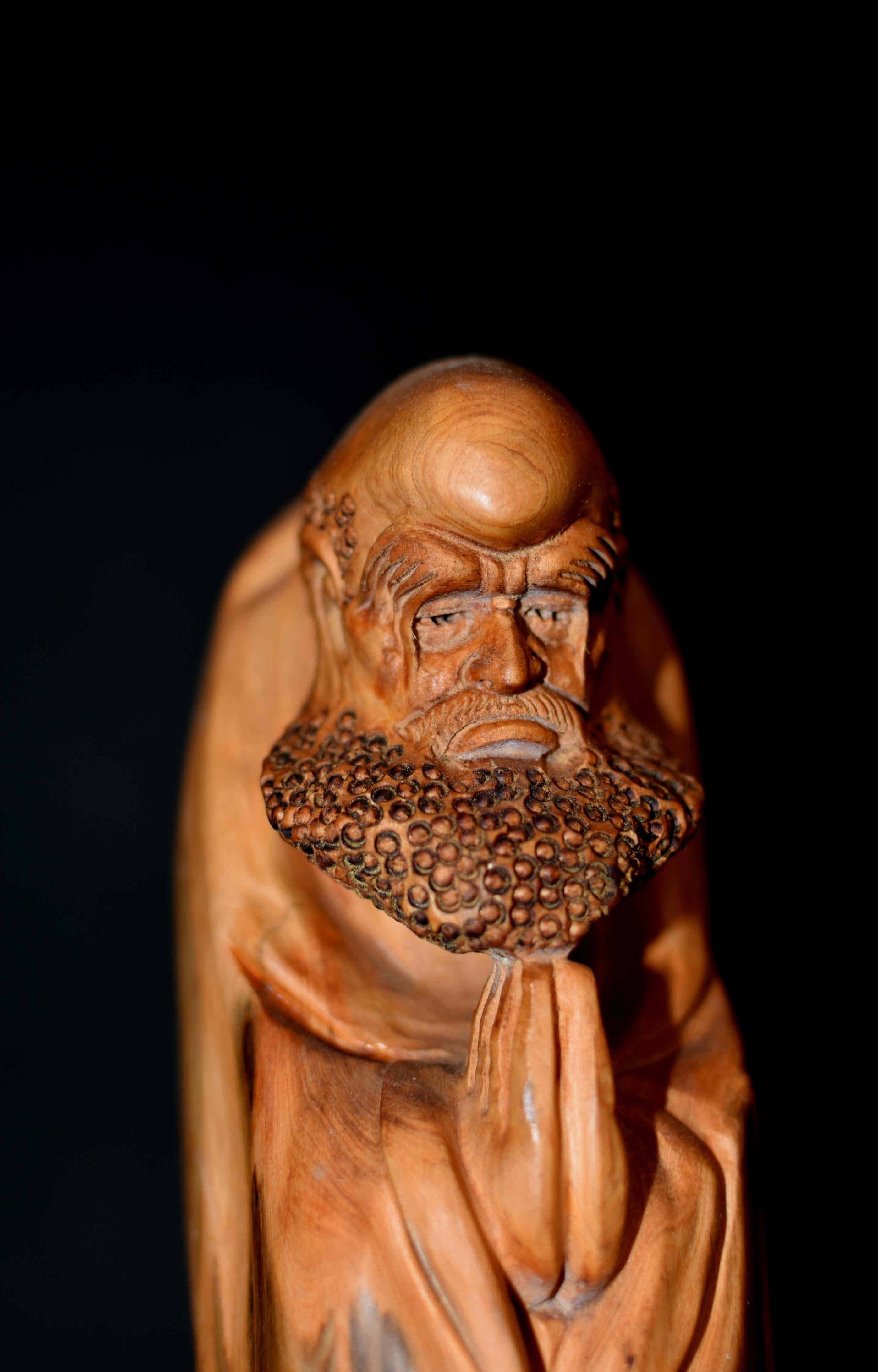Damo Bodhidharma Monk Carved Camphor Wood Statue For Sale 4