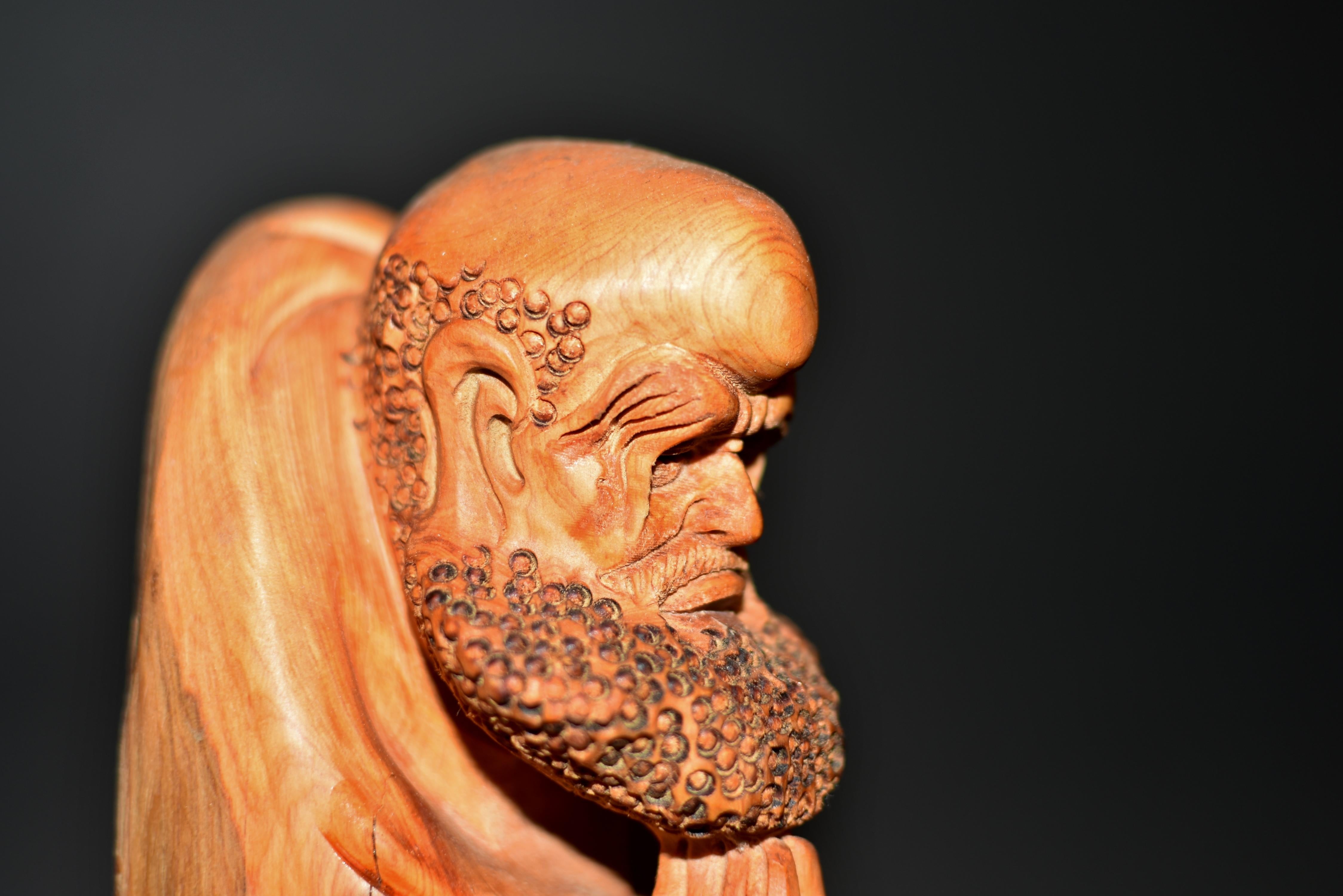 Chinese Damo Bodhidharma Monk Carved Camphor Wood Statue For Sale