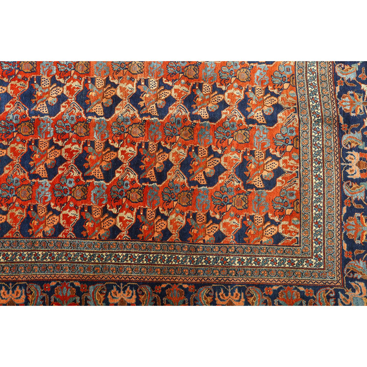 This Antique Bidjar Rug, measuring a generous 12 feet by 8 feet, is a true testament to the enduring allure of Persian craftsmanship. With its captivating All-Over Design, it has stood the test of time and embodies timeless beauty.

Meticulously
