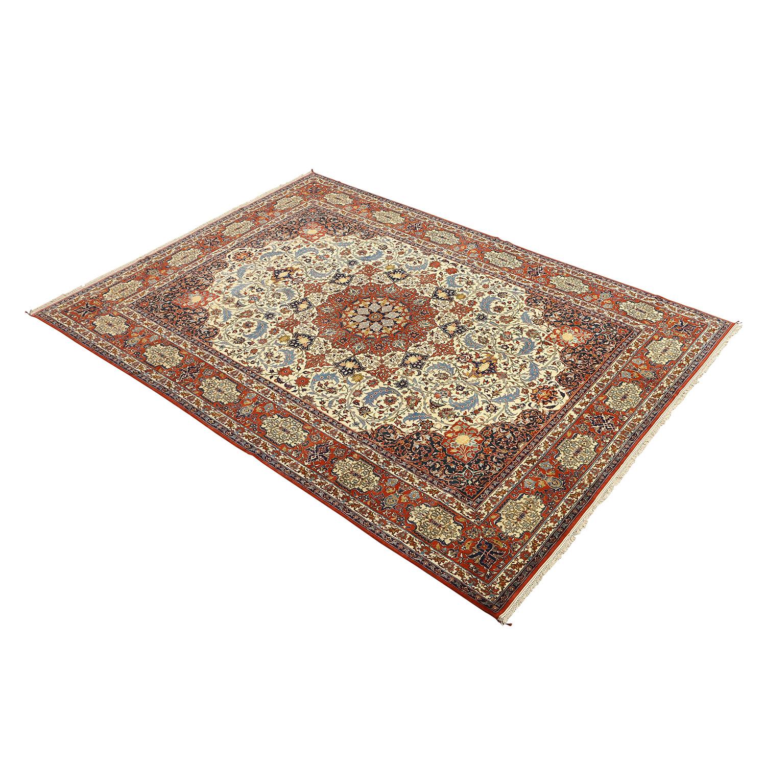 This Antique Isfahan Shourashi Rug, generously sized at 12 feet by 10 feet, is a testament to the enduring elegance of Persian craftsmanship. Its captivating Center Medallion Design, adorned in serene shades of cream with striking pops of red, navy,
