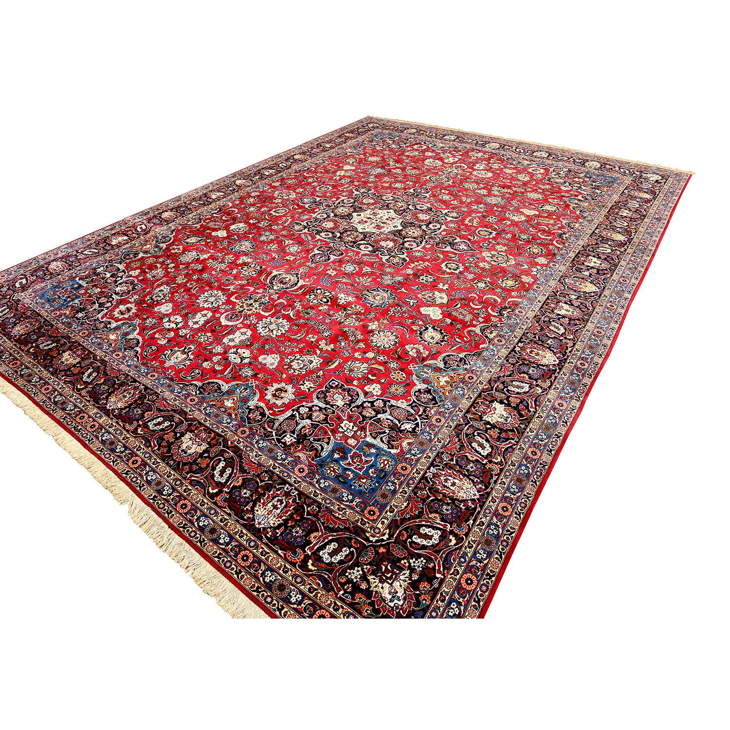 This Silk Kashan Rug is a testament to the enduring allure of Persian craftsmanship. Measuring a generous 13 feet by 10 feet, it features a luxurious composition, woven with a pile of silk and wool, supported by a sturdy cotton foundation.

Adorned