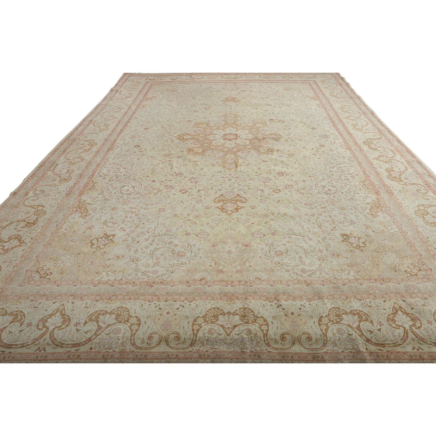 
This vintage Tabriz rug showcases a stunning center medallion design, a hallmark of Persian craftsmanship. What sets this rug apart is its remarkable knot count, with an impressive 500 notes per inch, a testament to the meticulous attention to