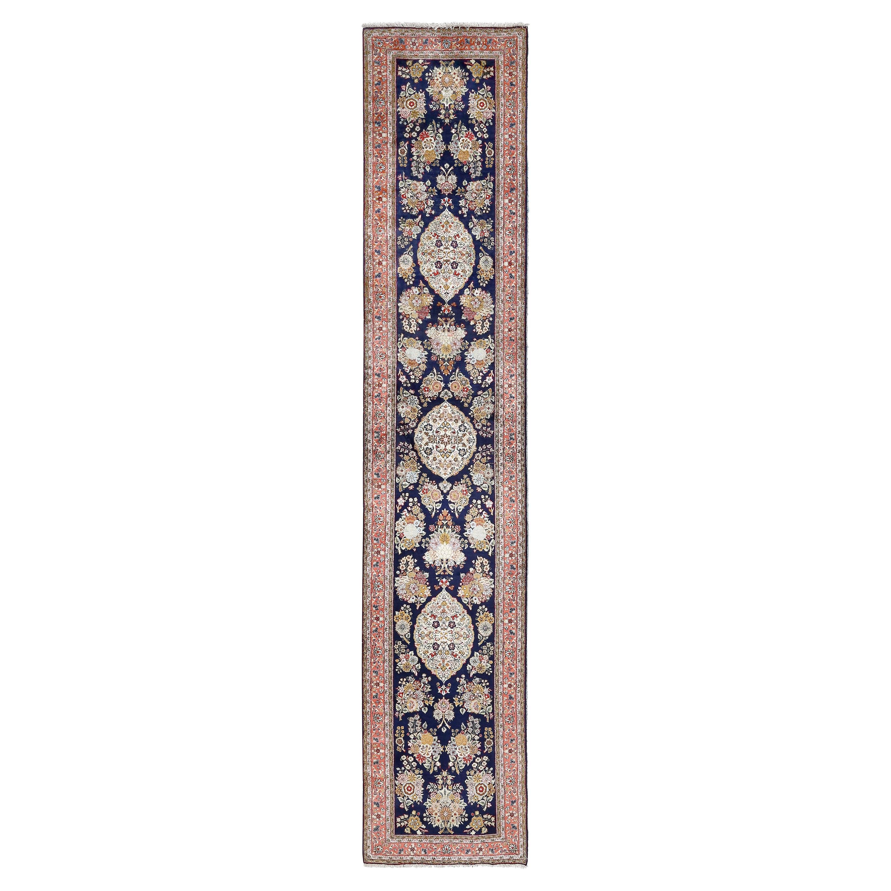 Damoka Collection Vintage Pure Silk Qom Arsalani - Size: 13 ft 0 in x 2 ft 7 in For Sale
