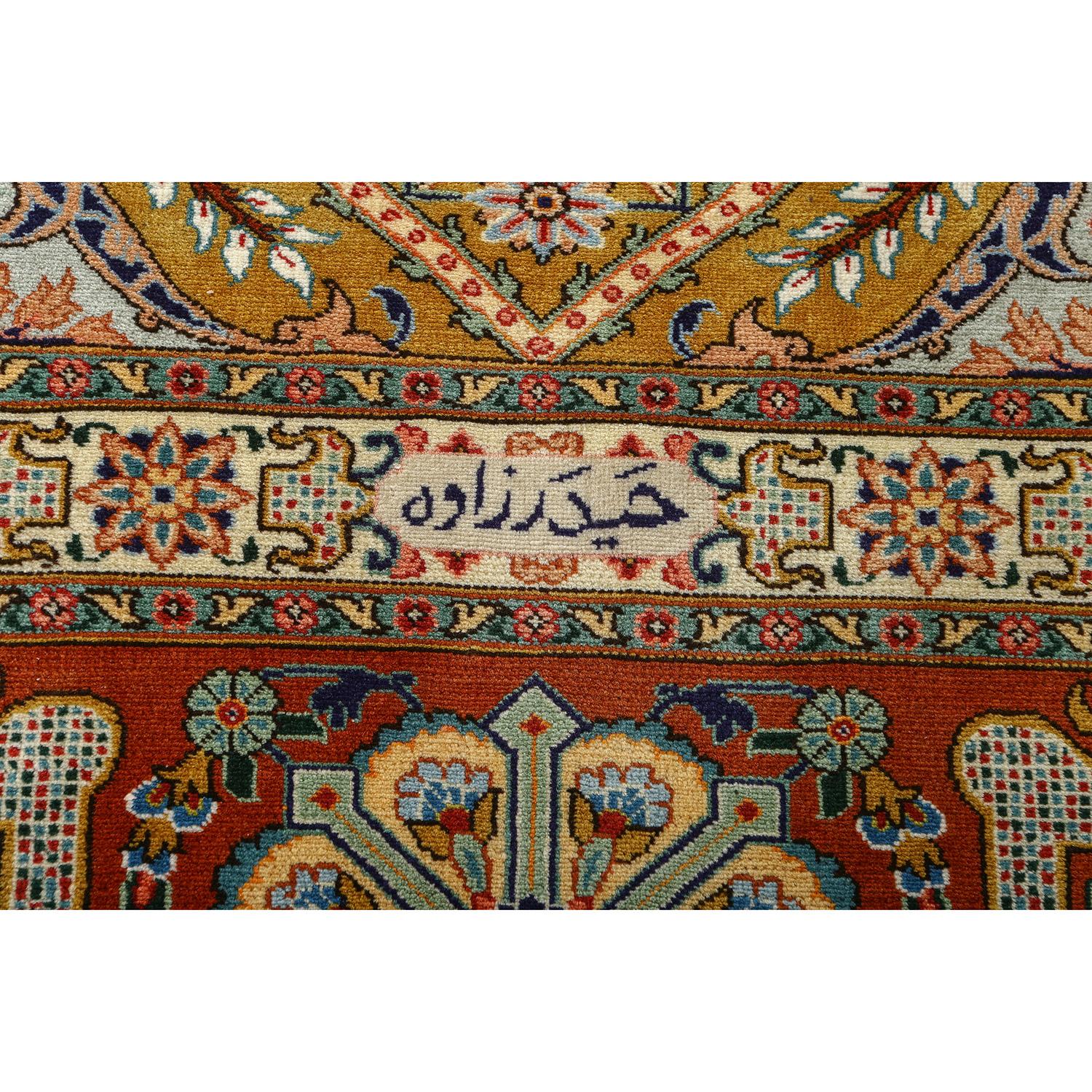 This Tabriz rug, woven by the skilled artisan Heydarzadeh, is a testament to the rich heritage of Persian craftsmanship. Heydarzadeh's name adds a touch of prestige to this already exquisite piece, signifying the weaver's dedication and