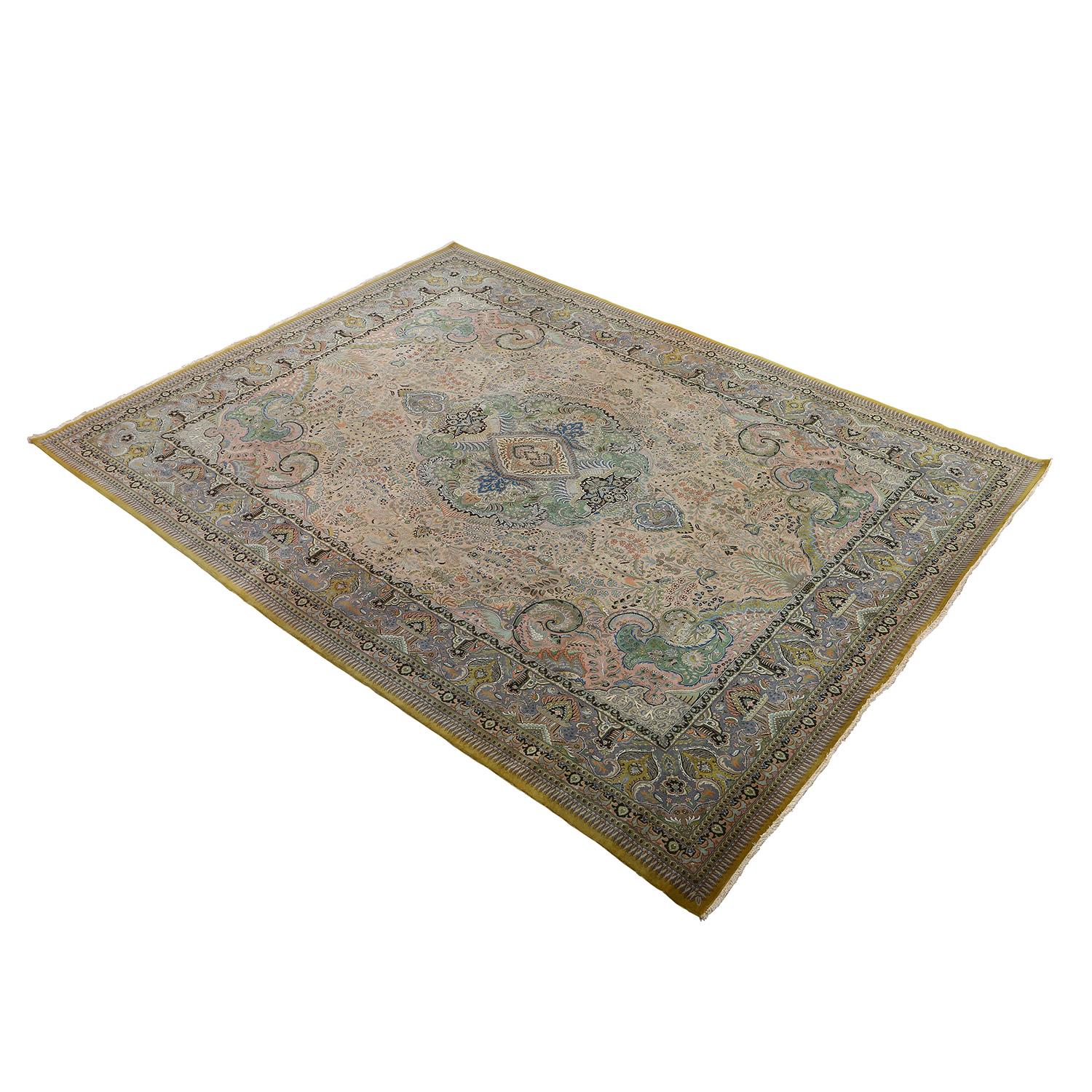 This Tabriz rug boasts a unique and luxurious construction, with a fork pile and a silk foundation, creating an exquisite blend of textures and durability. The contrast between the silk foundation and forked wool pile gives this rug a tactile