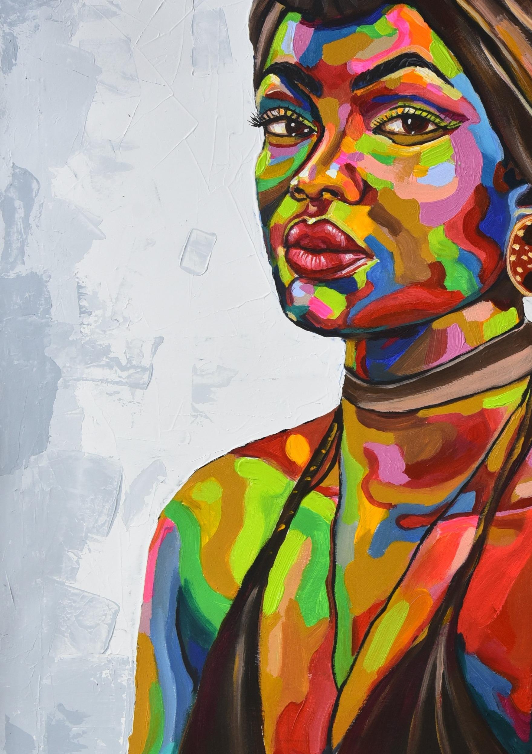 The colorful and flamboyant painting depicts a picture and beauty of a mild African girl with a fractional simple head tie.

the colorful representation illustrates the feature and virtue of black African girls.

Shipping Procedure
Ships in a