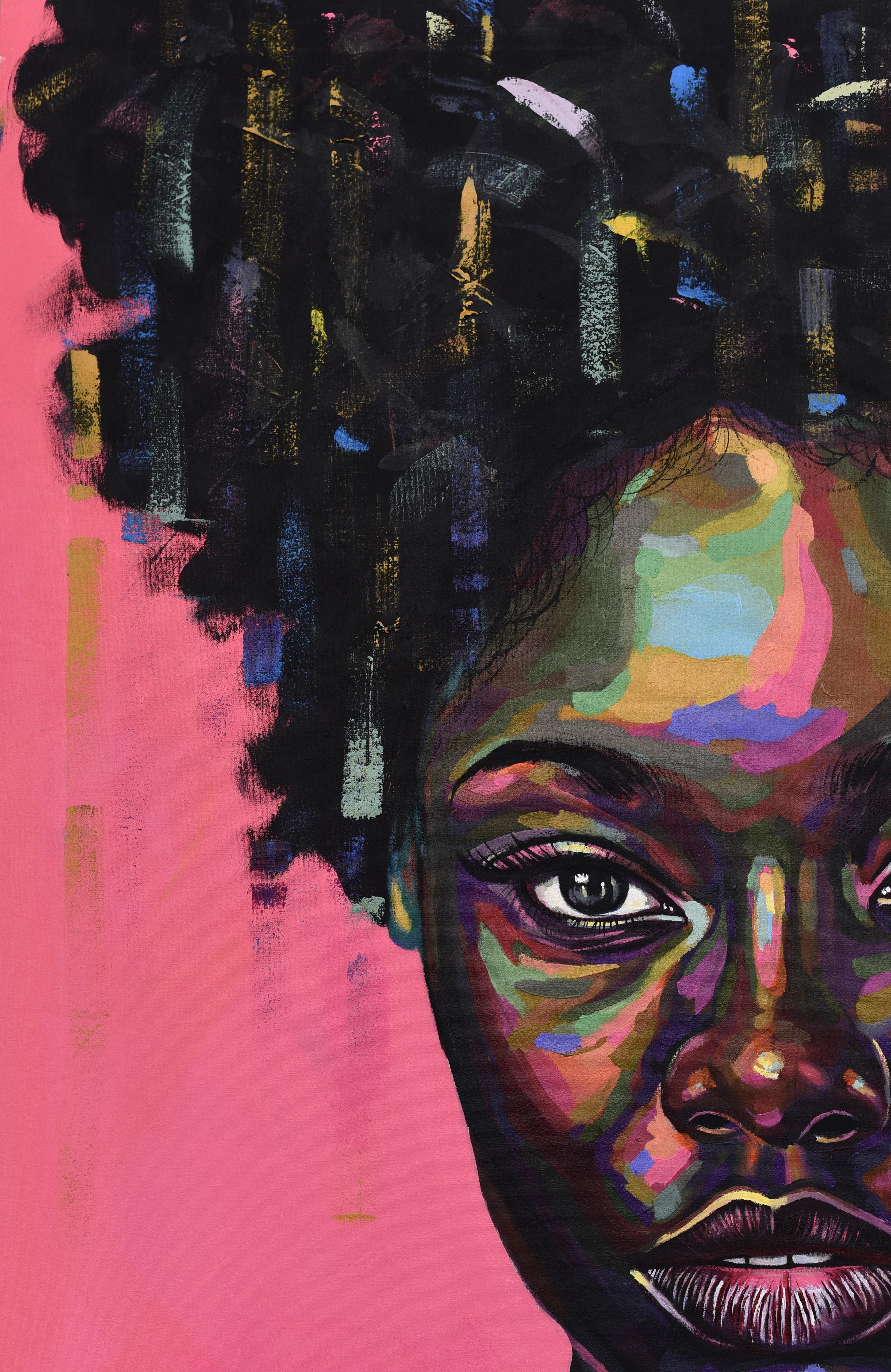 Free But Hungry 6 -21e siècle, Contemporain, Portrait figuratif, Afrique Femmes - Noir Portrait Painting par Damola Ayegbayo 