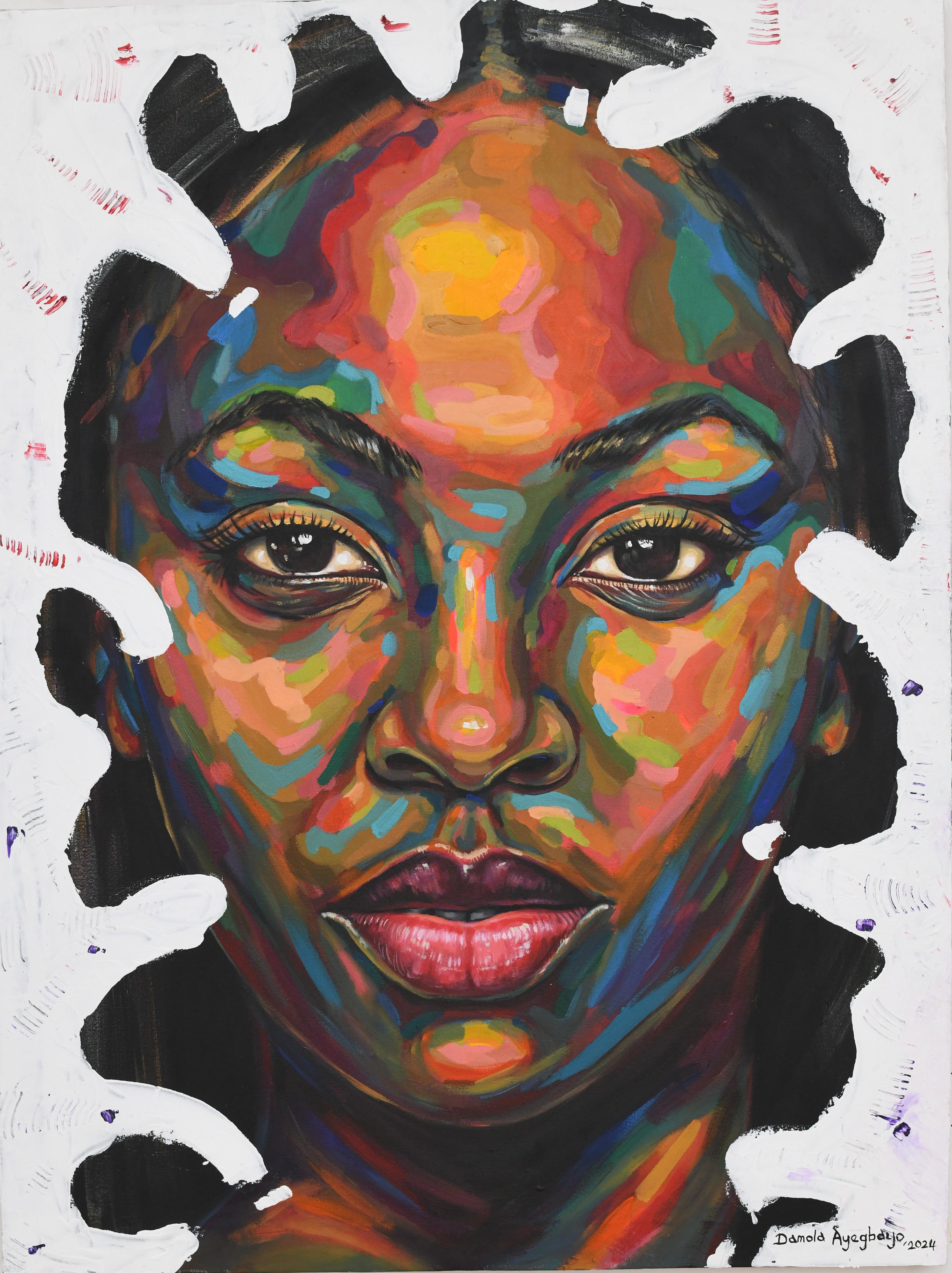 Portrait Painting di Damola Ayegbayo  - Isolation 4 - 21° secolo, Contemporaneo, Ritratto figurativo, Donne, Colori