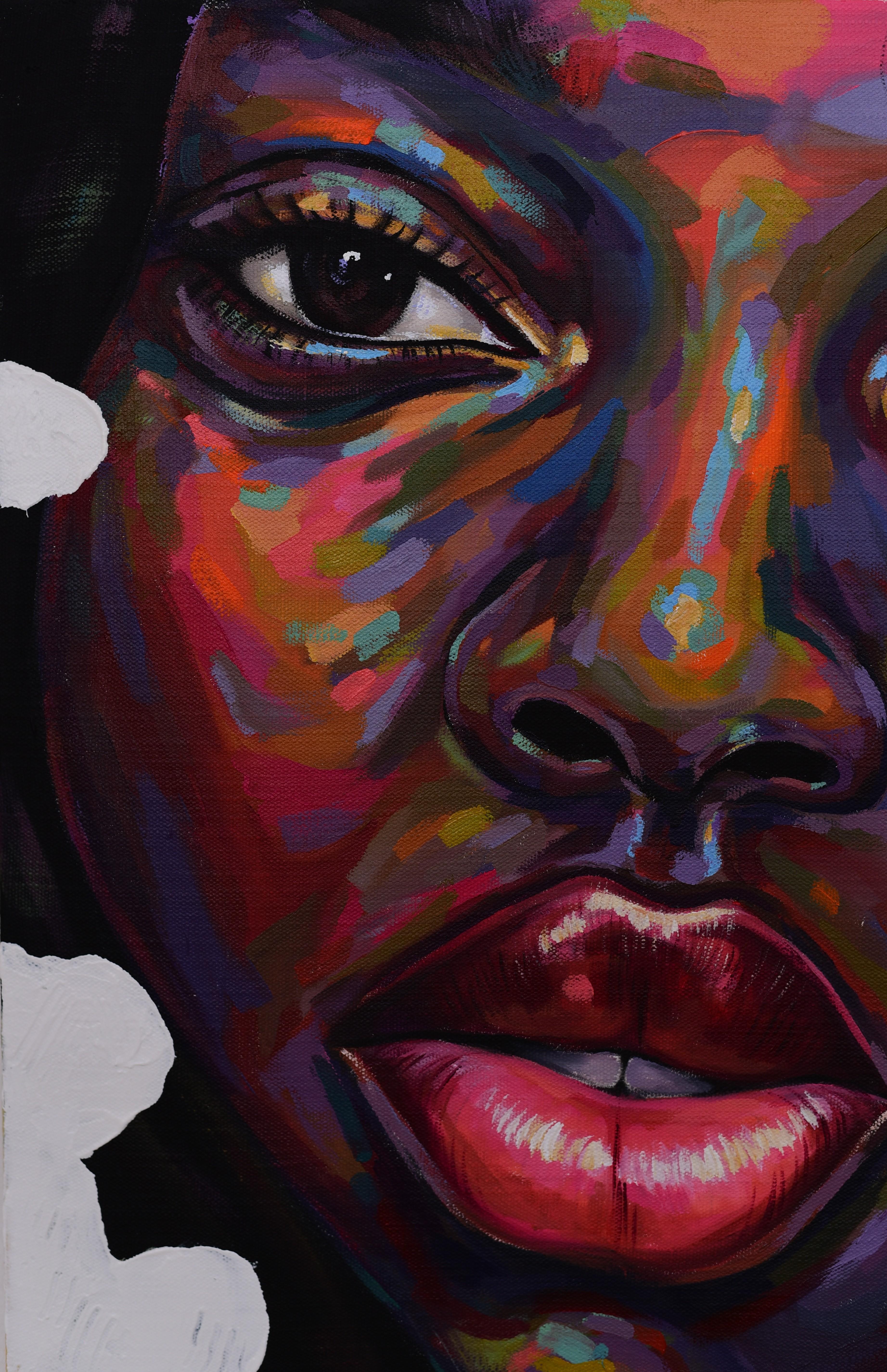 Isolation 5 - 21e siècle, AM Contemporary, Portrait figuratif, Femmes, Couleurs - Noir Portrait Painting par Damola Ayegbayo 