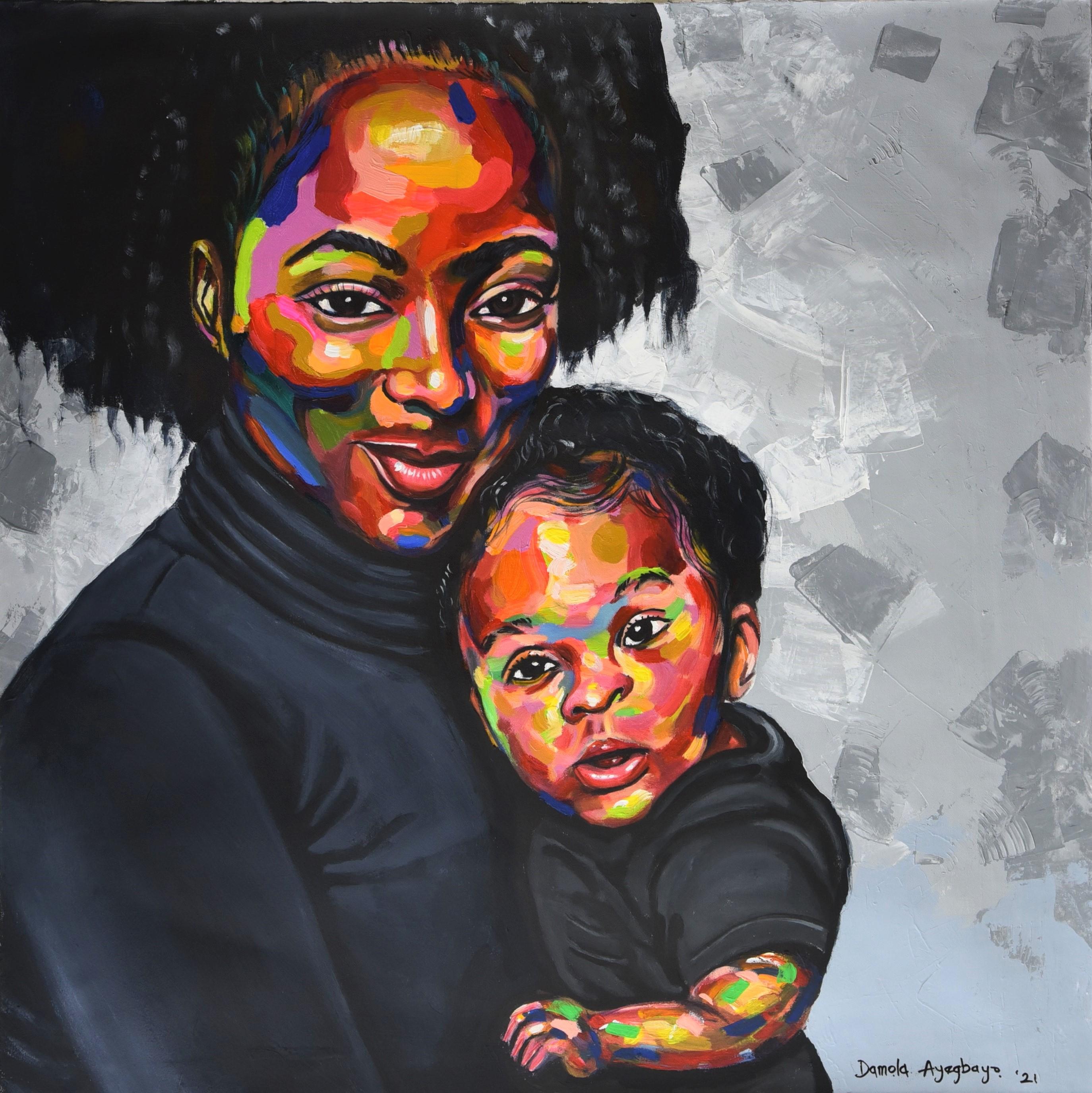 Figurative Painting di Damola Ayegbayo  - Legame materno 2 - 21° secolo, Contemporaneo, Ritratto figurativo, Maternità