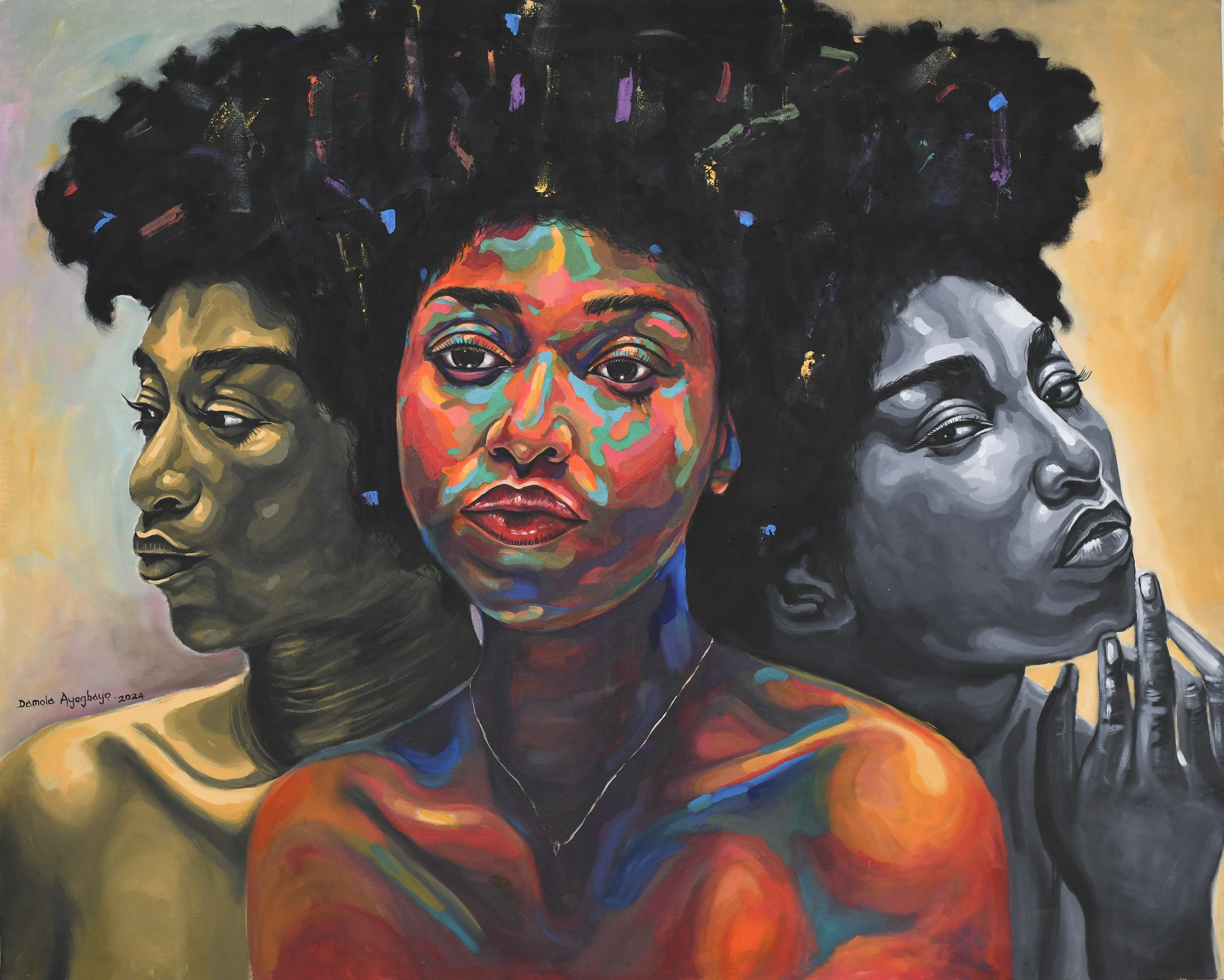 Figurative Painting Damola Ayegbayo  - Sisterhood 3 -21ème siècle, Contemporary, Figurative Portrait, Women Africa Love