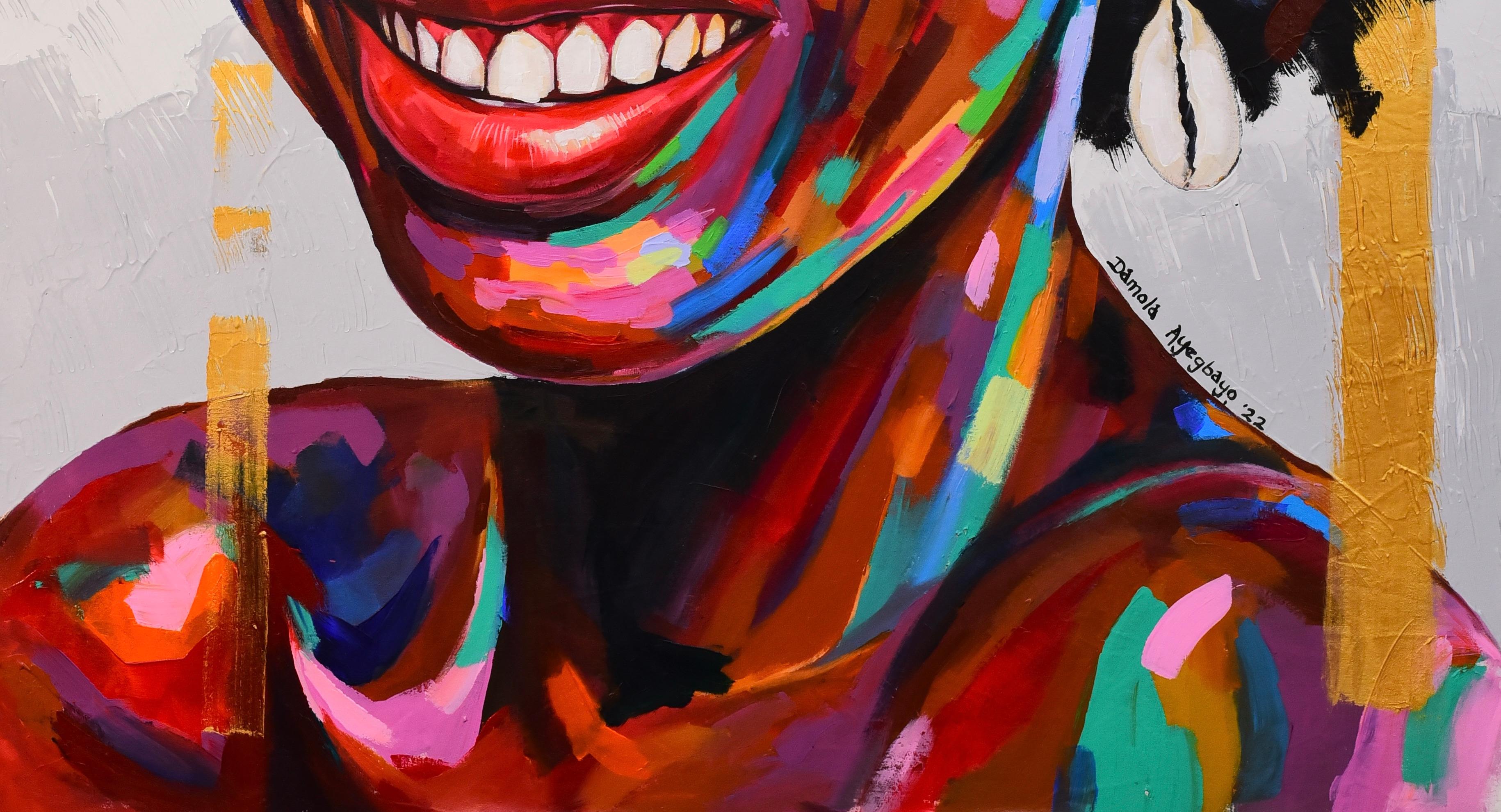 Soulmate 5 -Siglo XXI, Contemporáneo, Retrato figurativo, Mujer sonriendo, Amor - Figurative Painting Negro de Damola Ayegbayo 