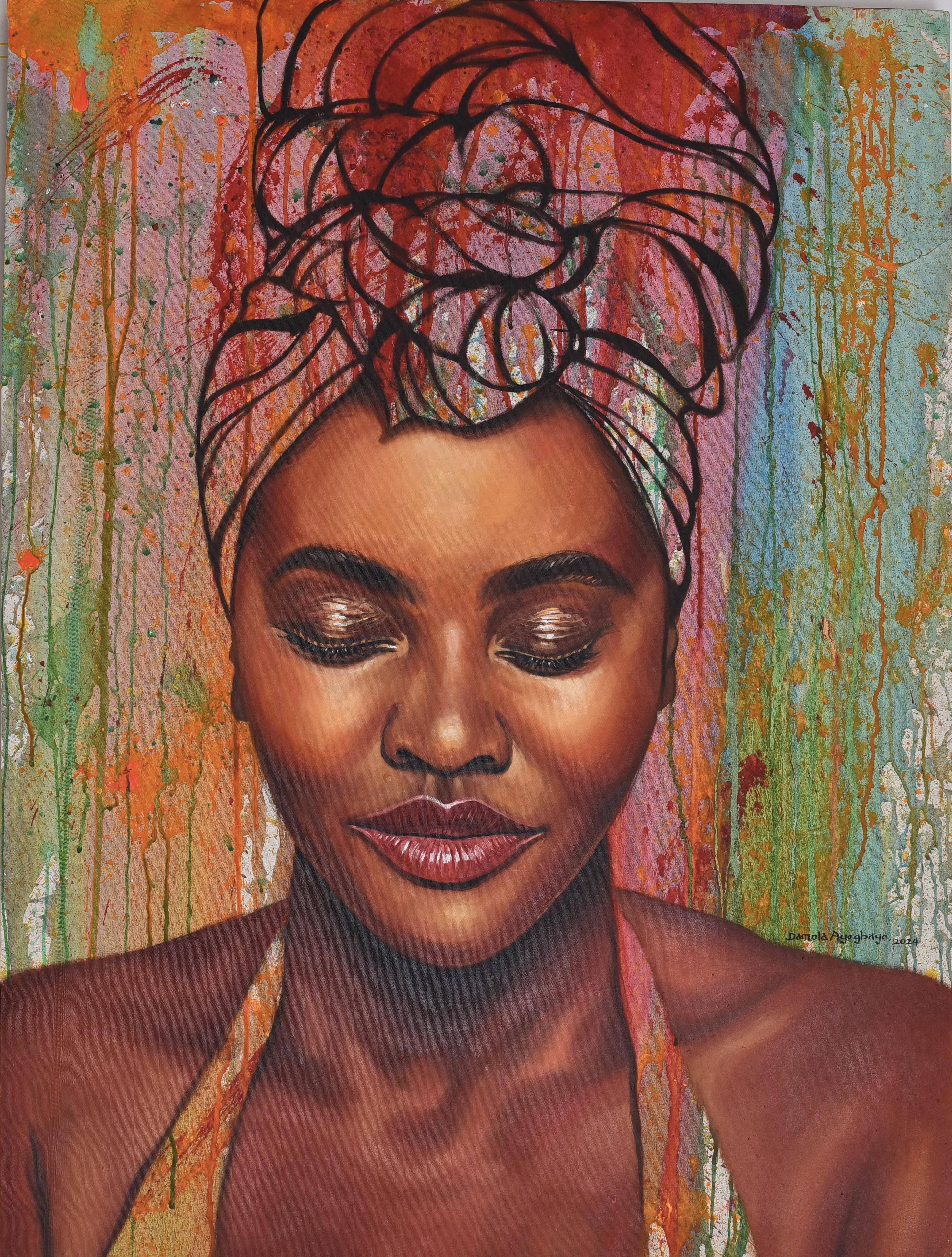 Portrait Painting di Damola Ayegbayo  - State of Mind 14 - 21° secolo, Contemporaneo, Ritratto figurativo, Donna