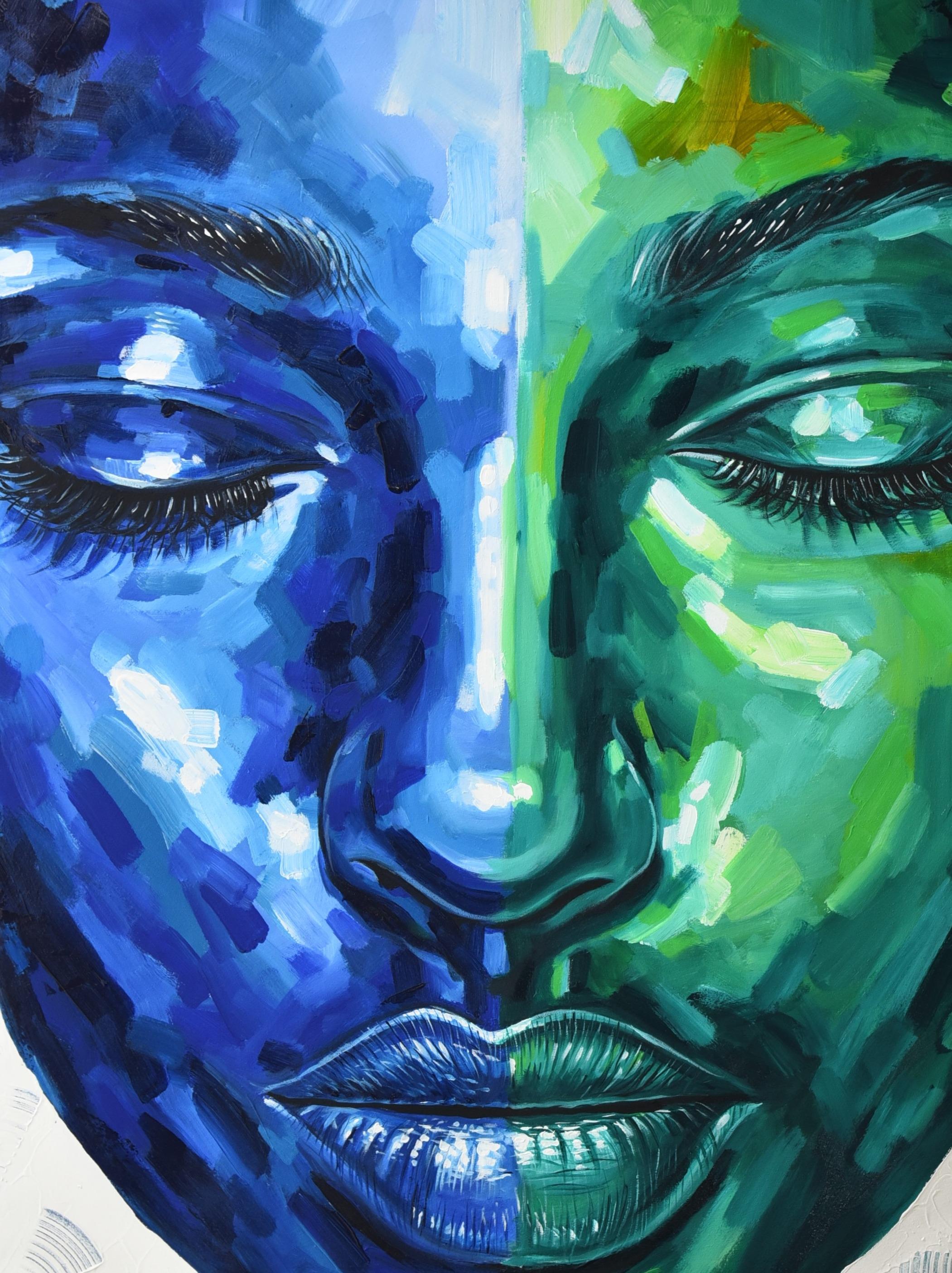The Other Side 2 - Blue Portrait Painting by Damola Ayegbayo 