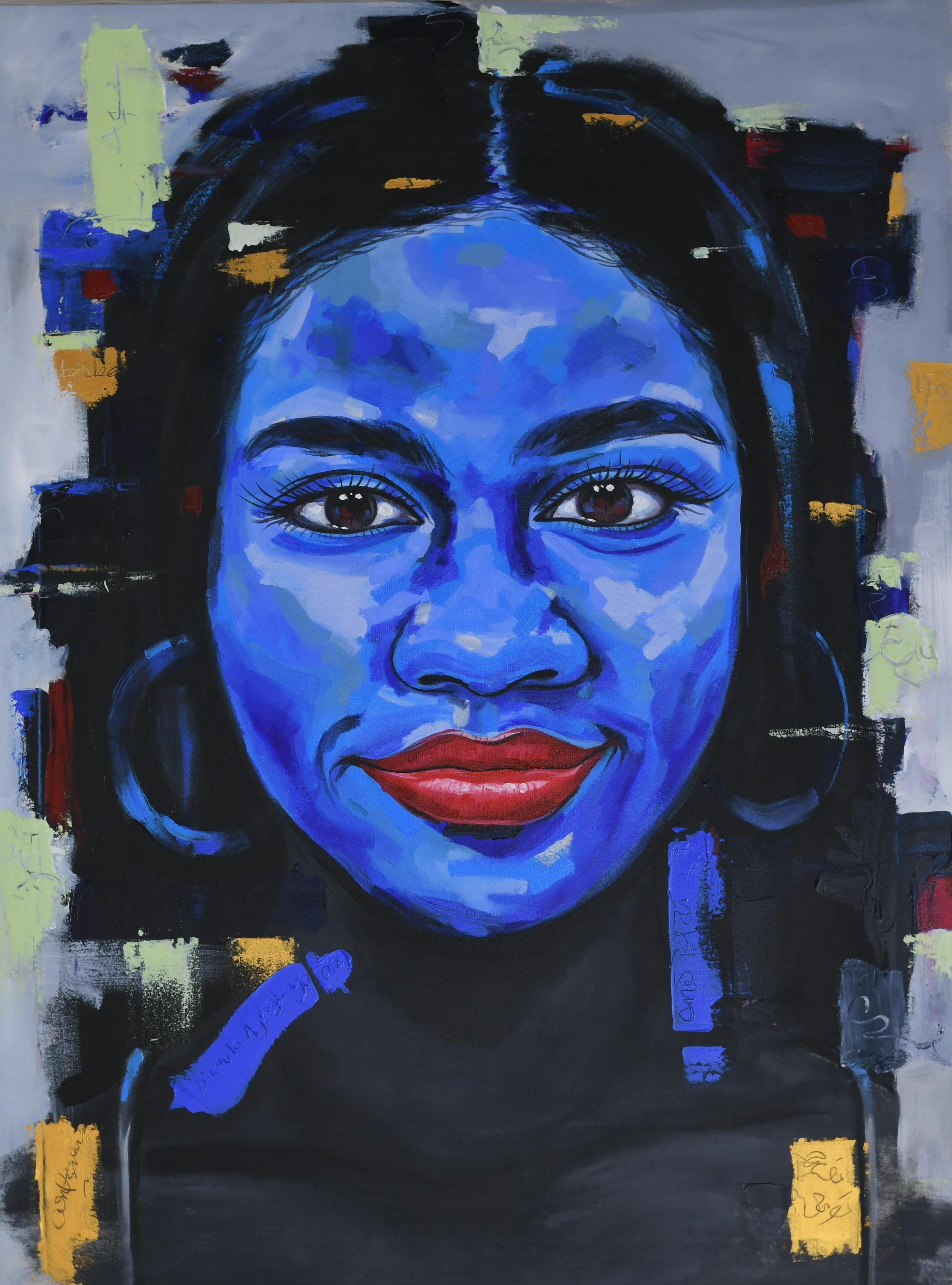 Figurative Painting di Damola Ayegbayo  - Trasfigurazione 2 - 21° secolo, Contemporaneo, Ritratto figurativo, Donna, Blu