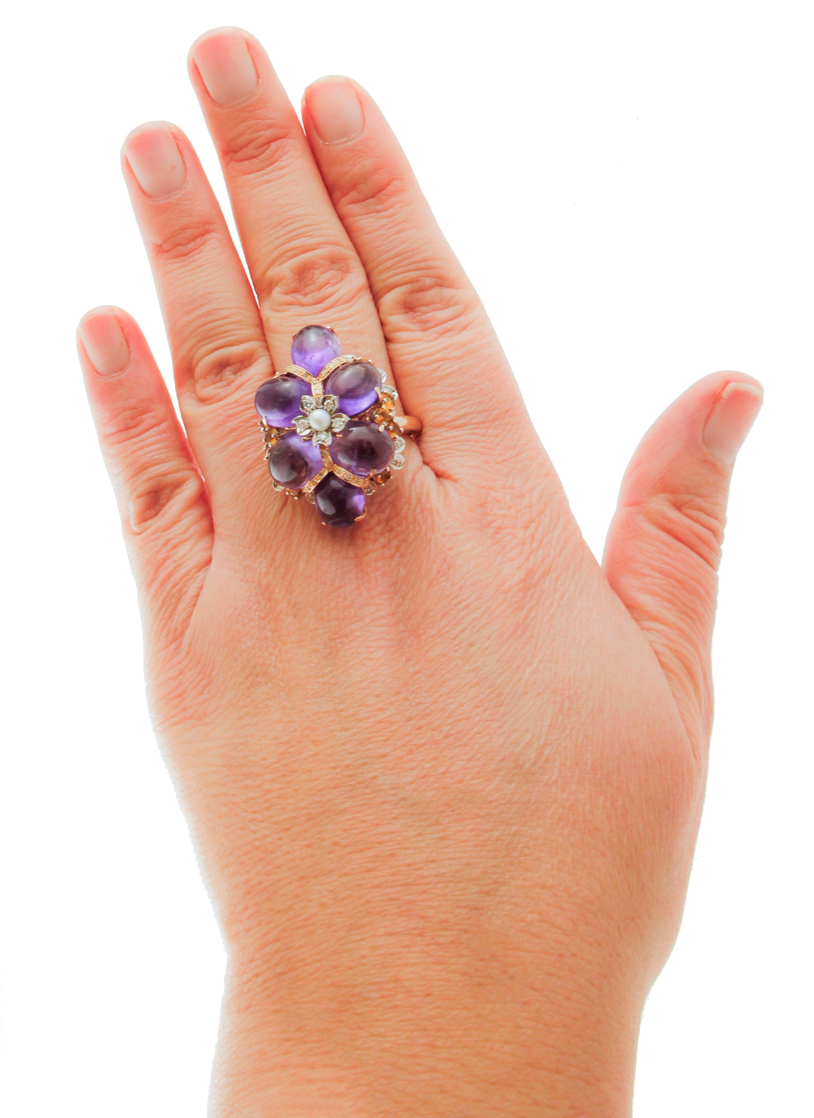 Retro Diamonds, Amethyst, Yellow Topaz, Pearl, Rose and White Gold Cluster Retrò Ring For Sale